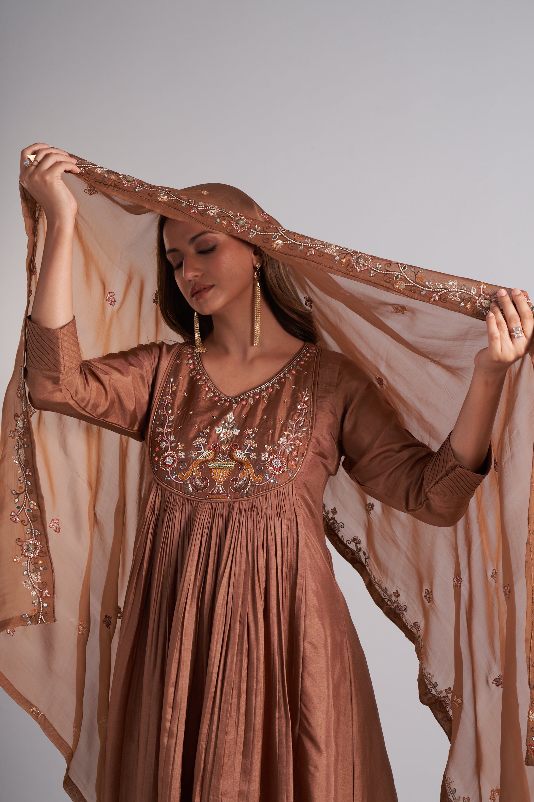 Mocha Grace Embroidered Kurti Palazzo Set