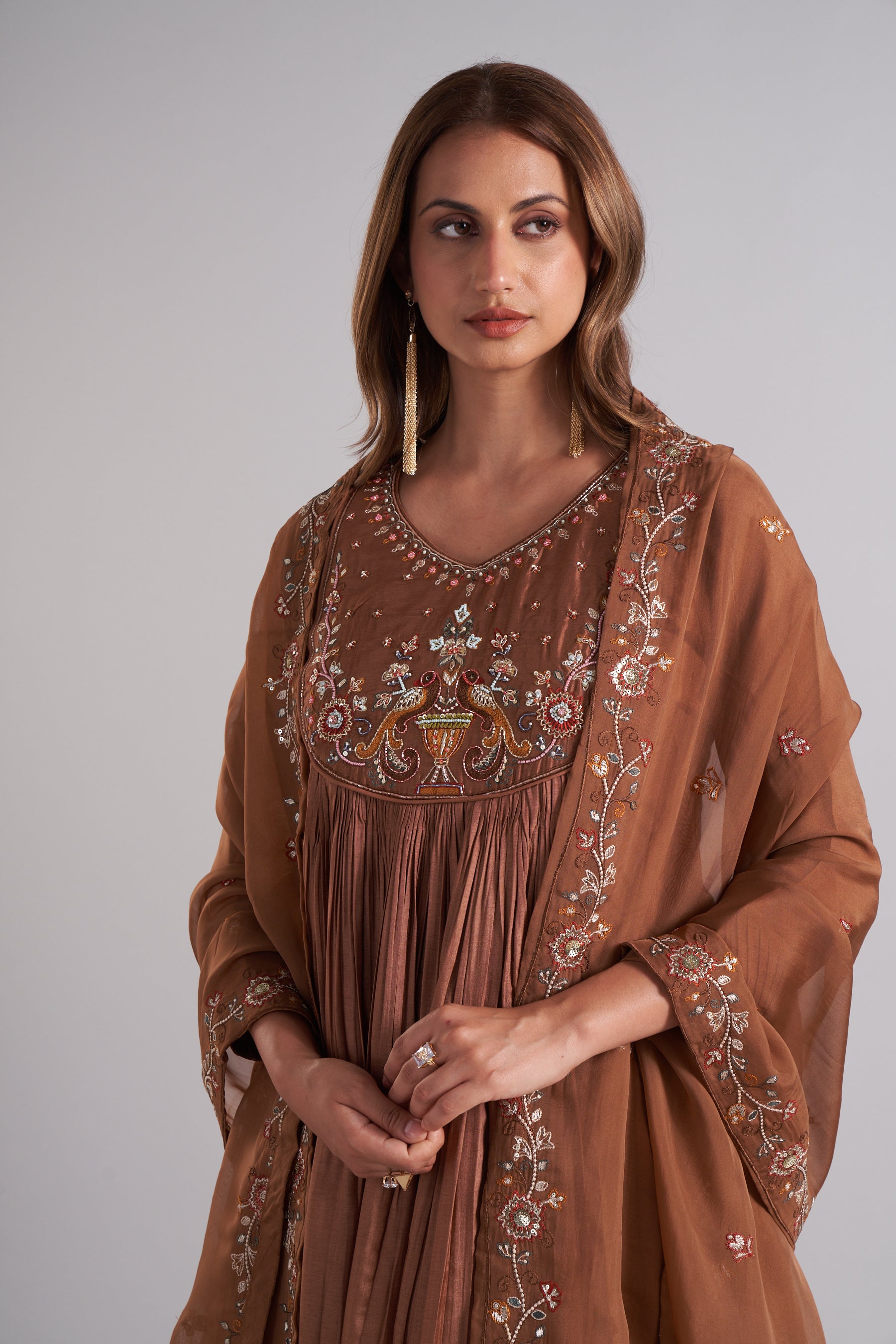 Mocha Grace Embroidered Kurti Palazzo Set