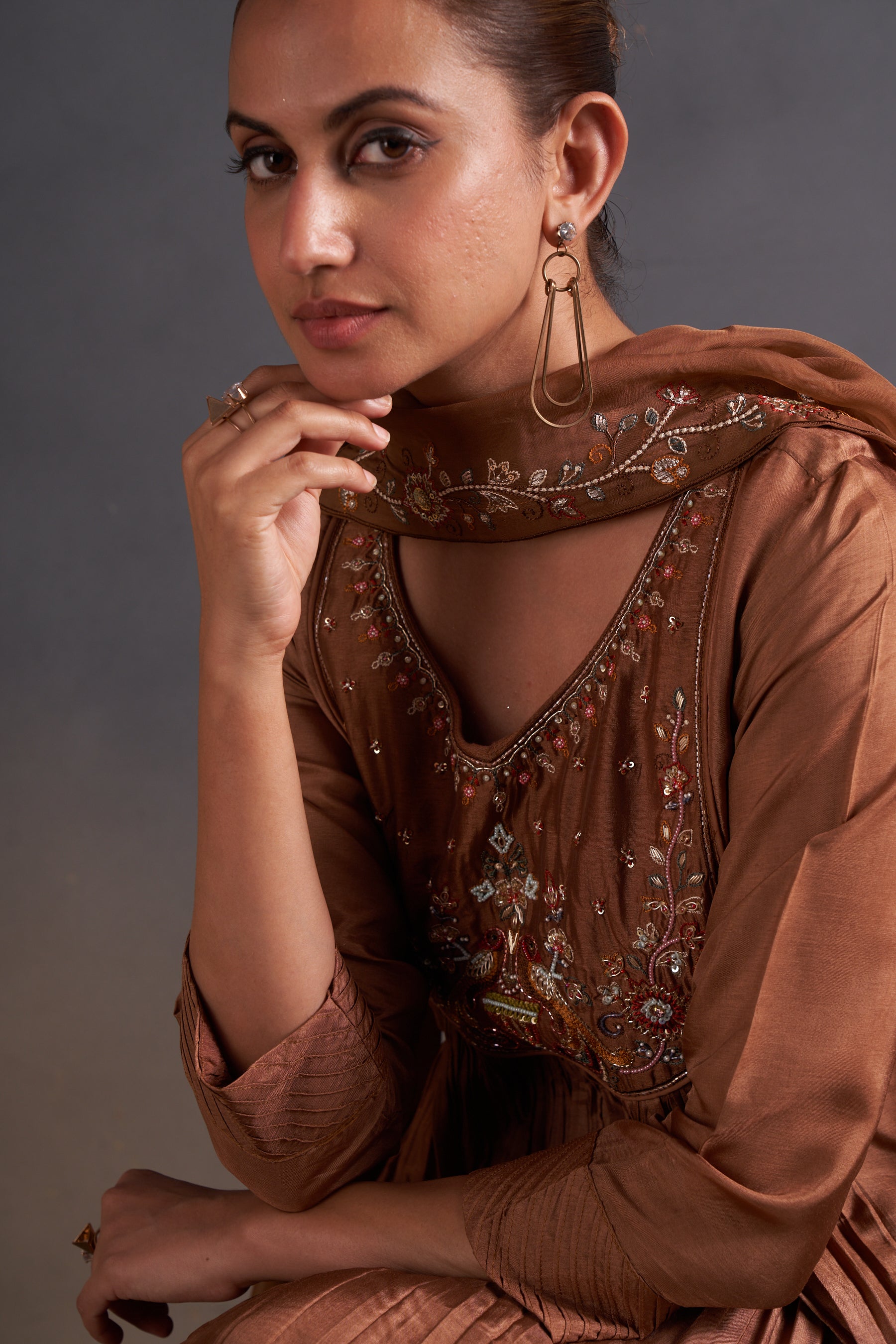 Mocha Grace Embroidered Kurti Palazzo Set