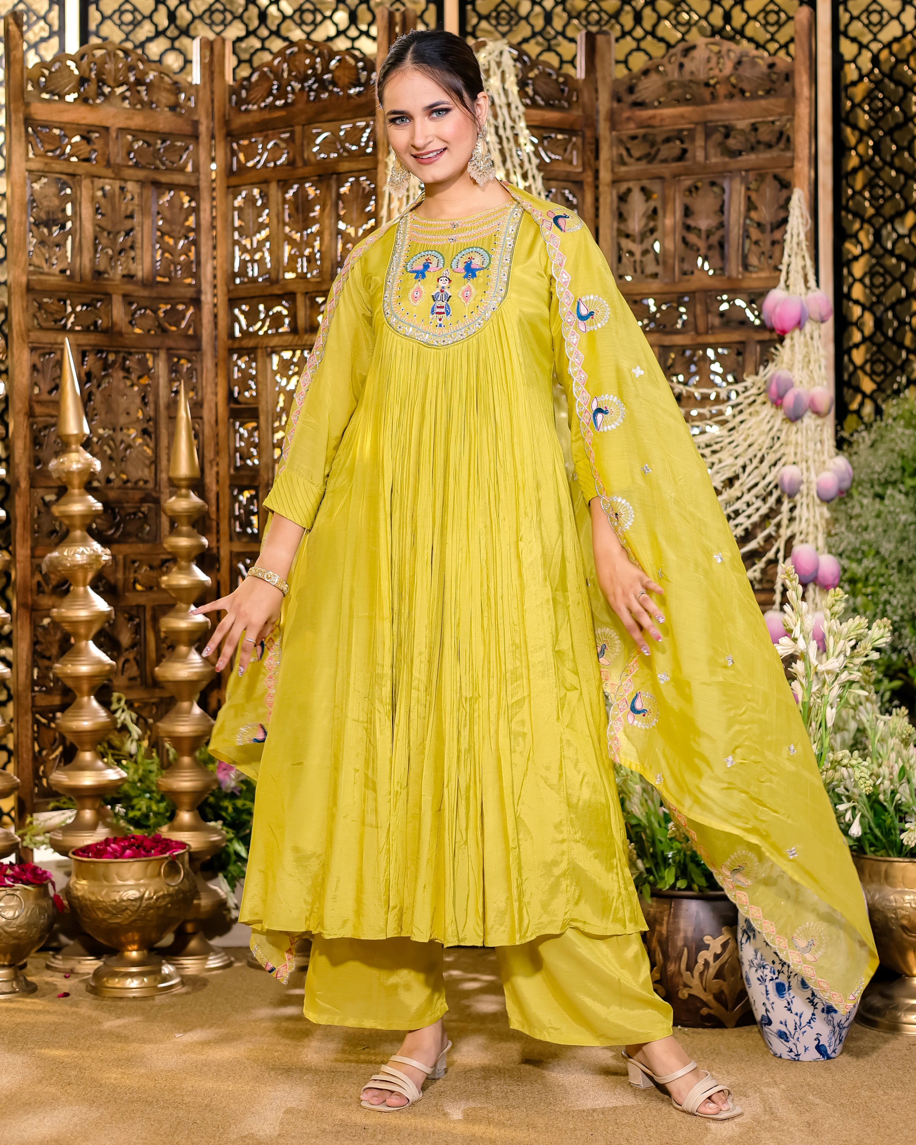 3-Piece Embroidered Indo-Western Set - Tunic, Trousers & Long Cape