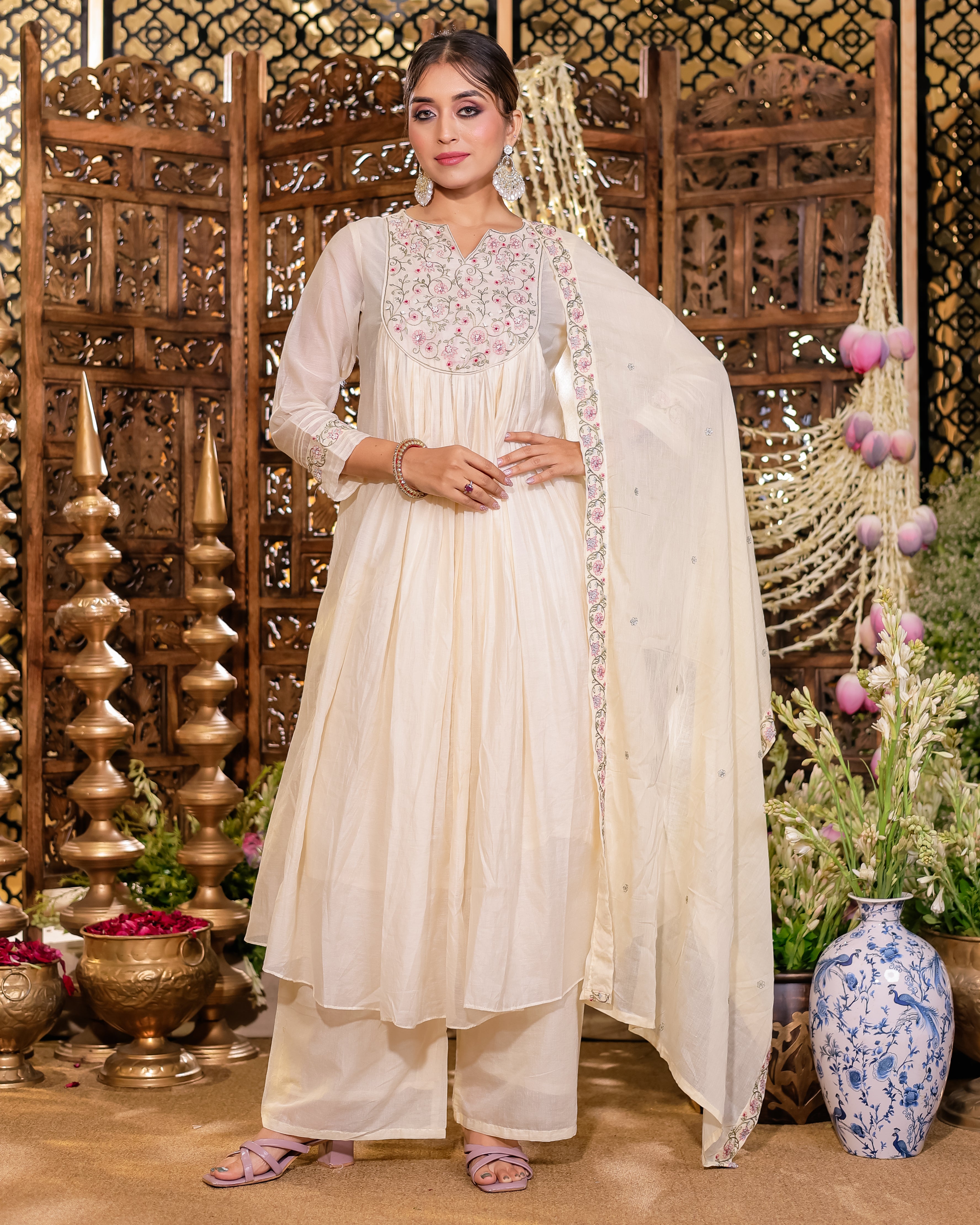 Beige Colour Anarkali Flared Kurta Set