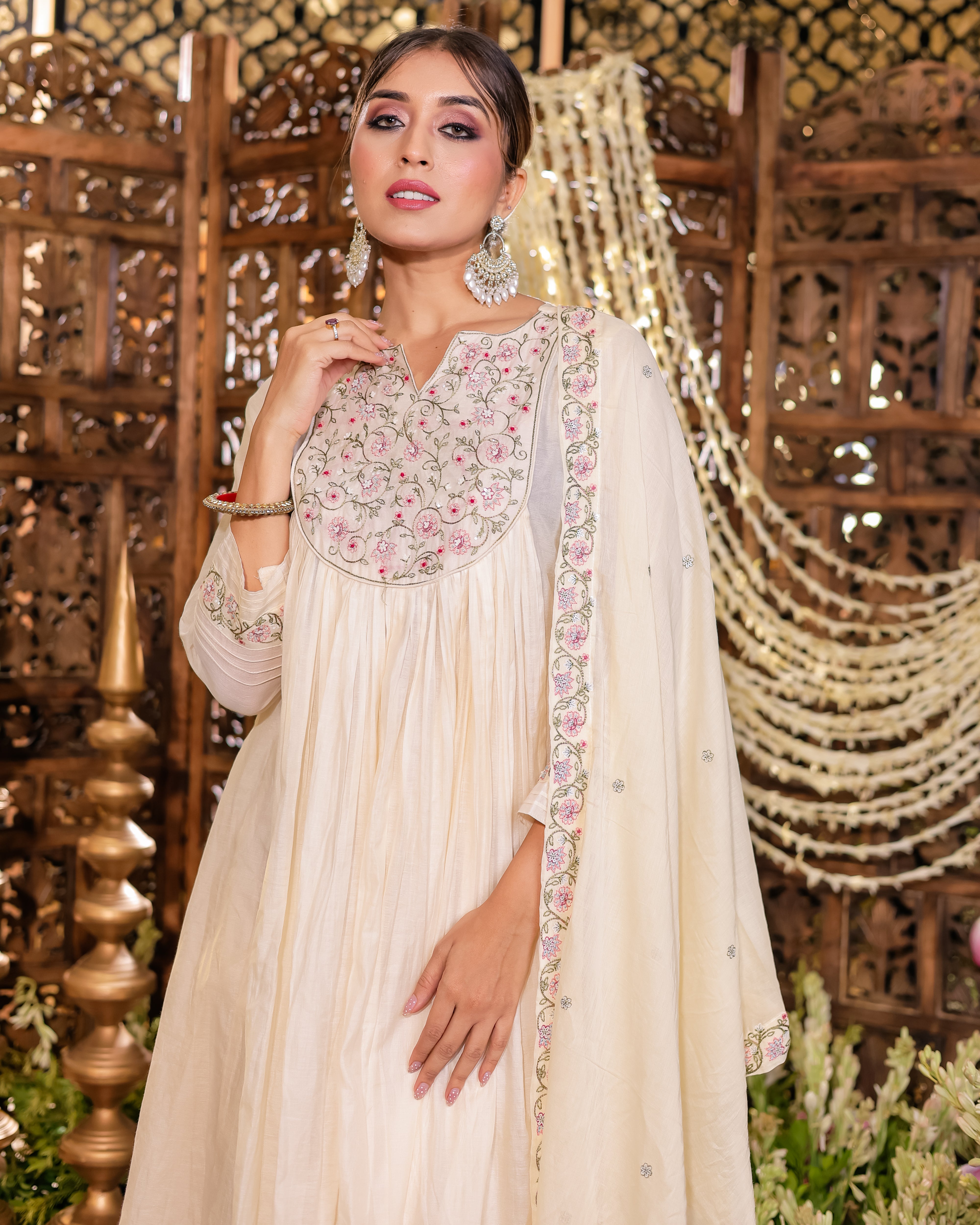 Beige Colour Anarkali Flared Kurta Set