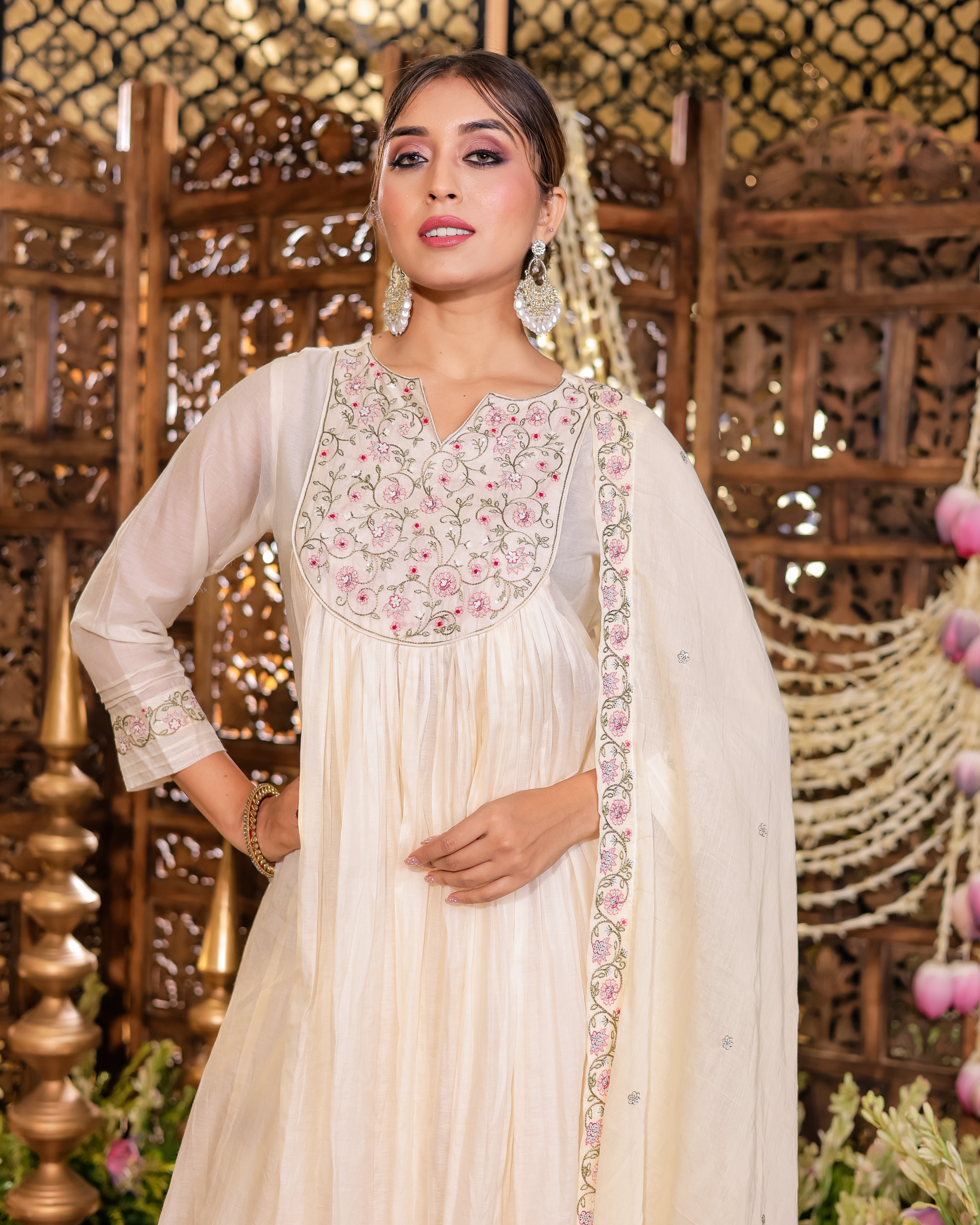 Beige Colour Anarkali Flared Kurta Set