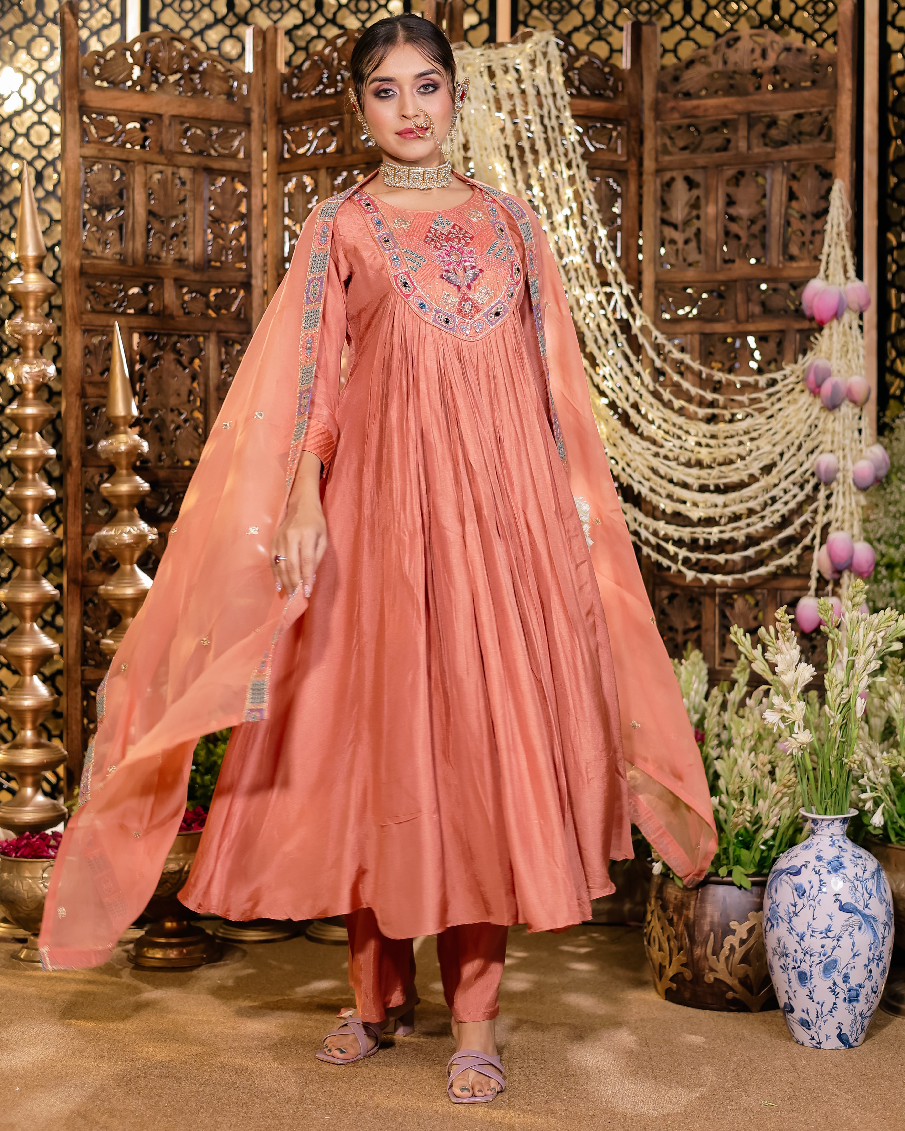 Peach Aura Embroidered Kurti Palazzo Set