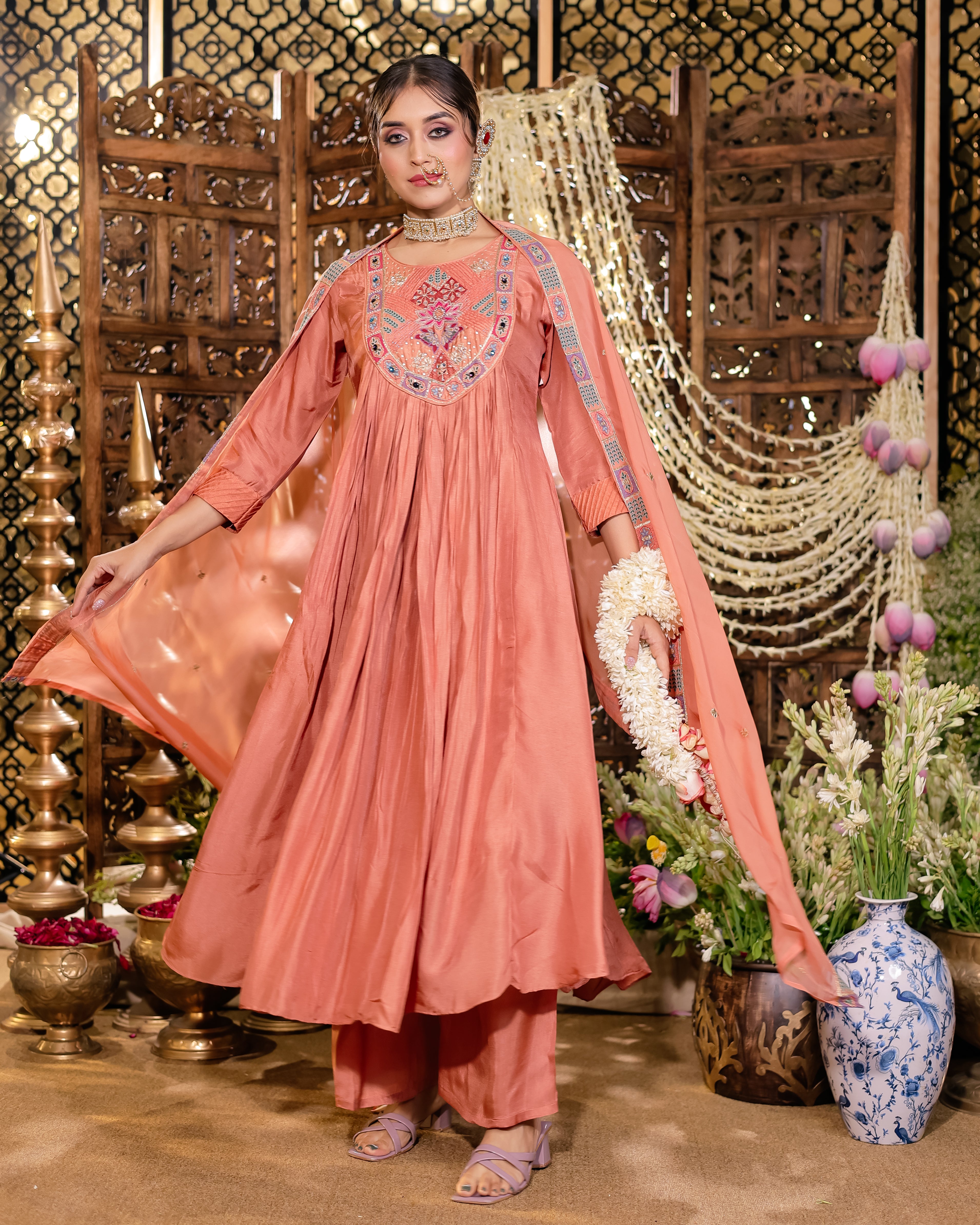 Peach Aura Embroidered Kurti Palazzo Set