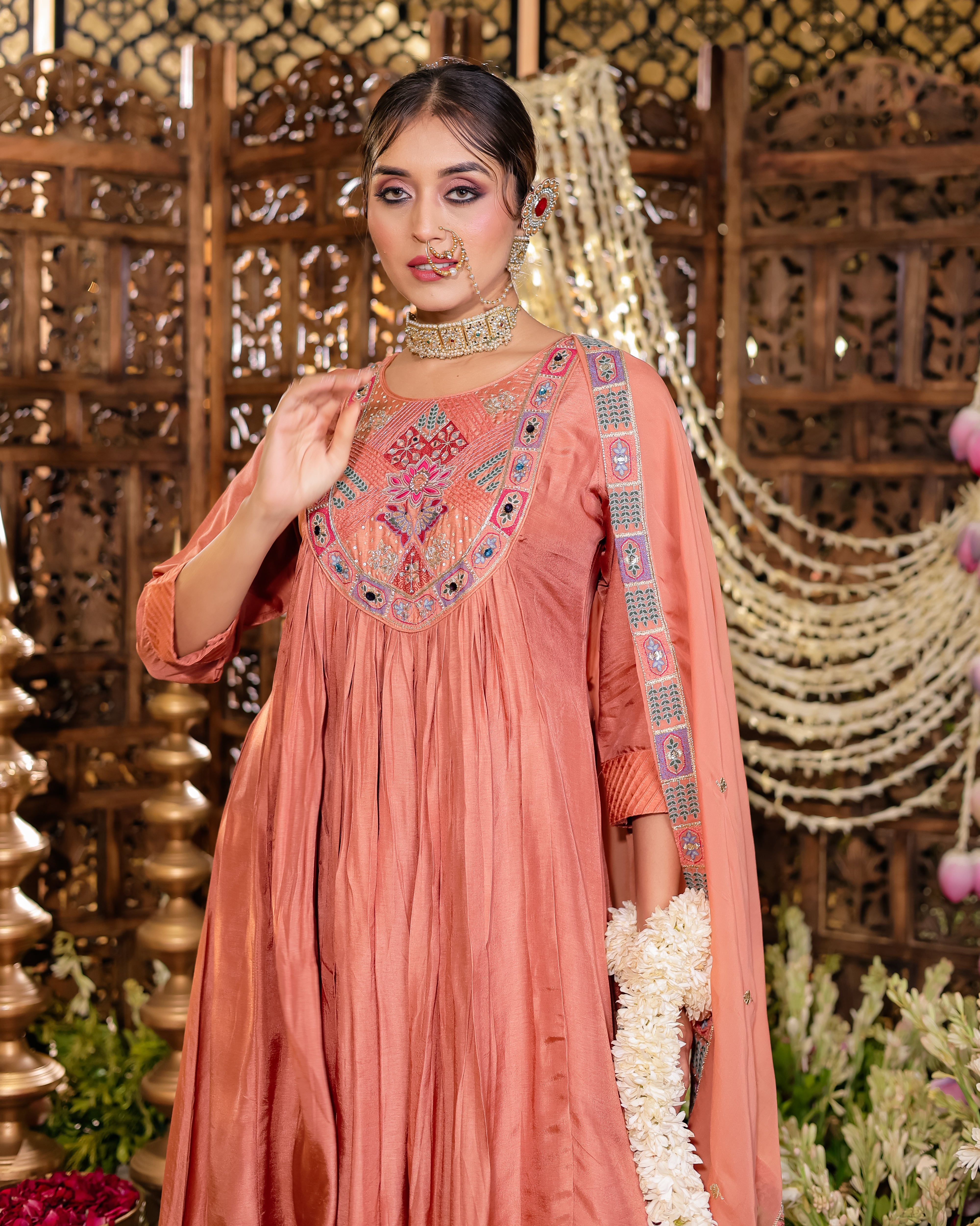 Peach Aura Embroidered Kurti Palazzo Set