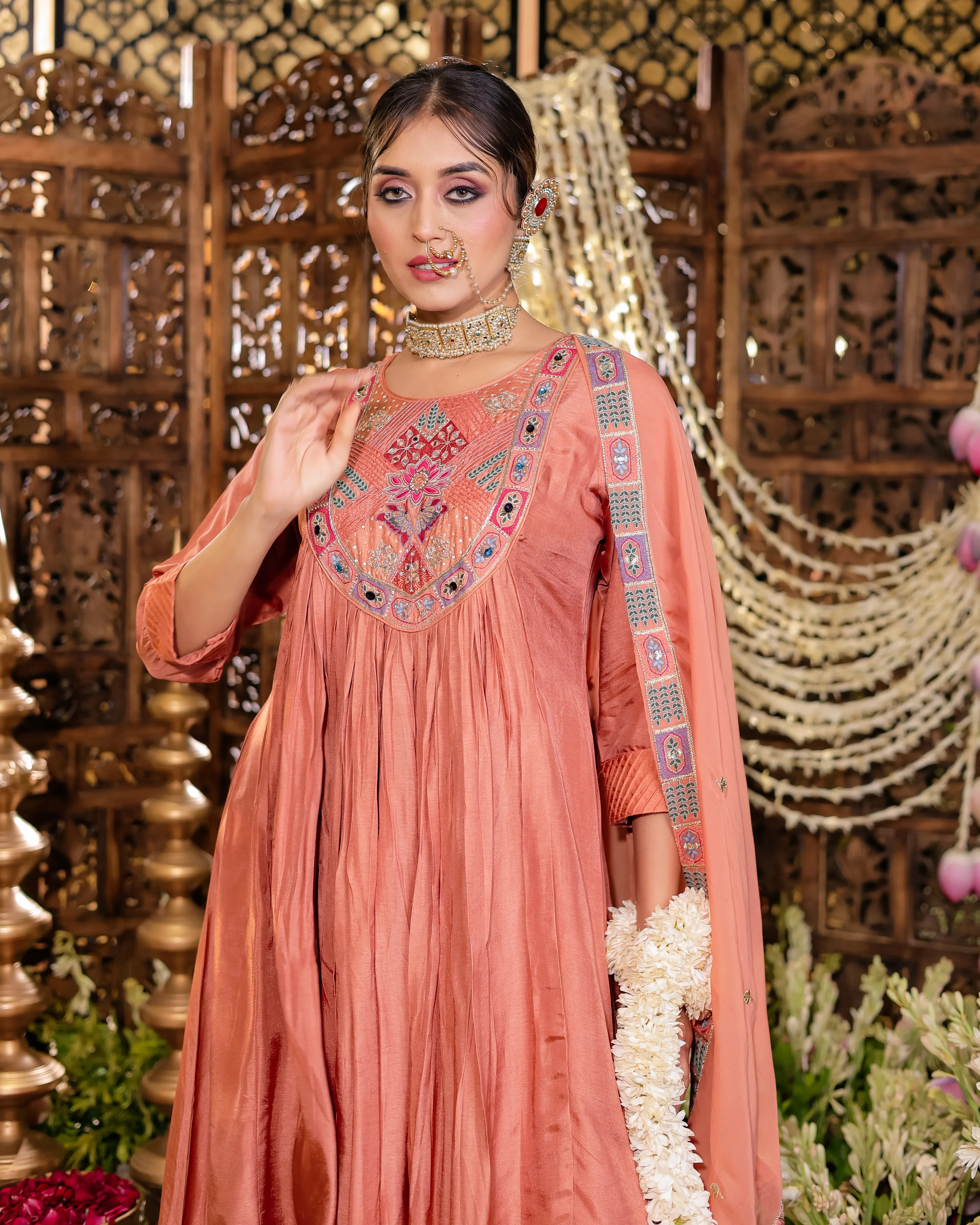 Peach Aura Embroidered Kurti Palazzo Set