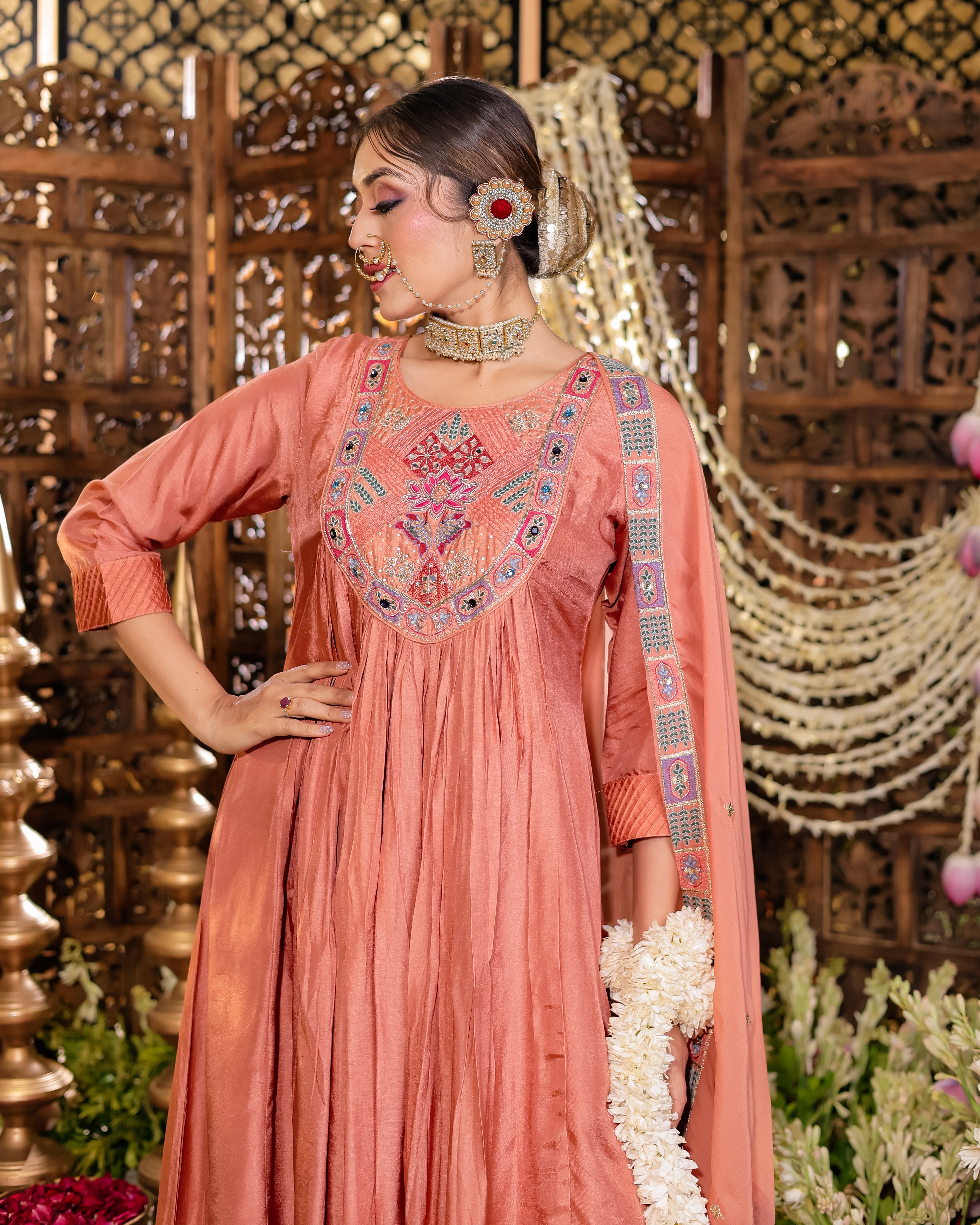 Peach Aura Embroidered Kurti Palazzo Set