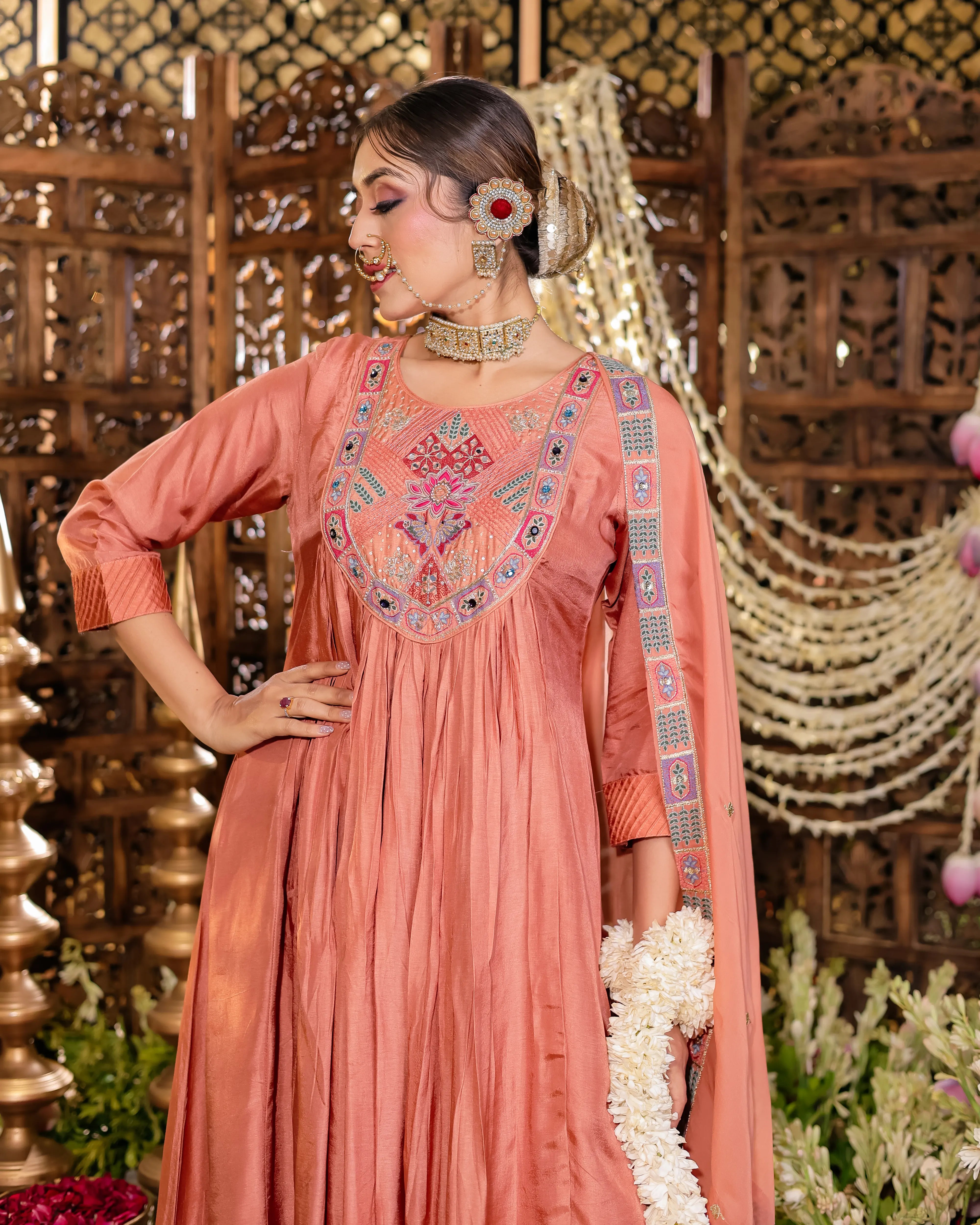 Peach Aura Embroidered Kurti Palazzo Set