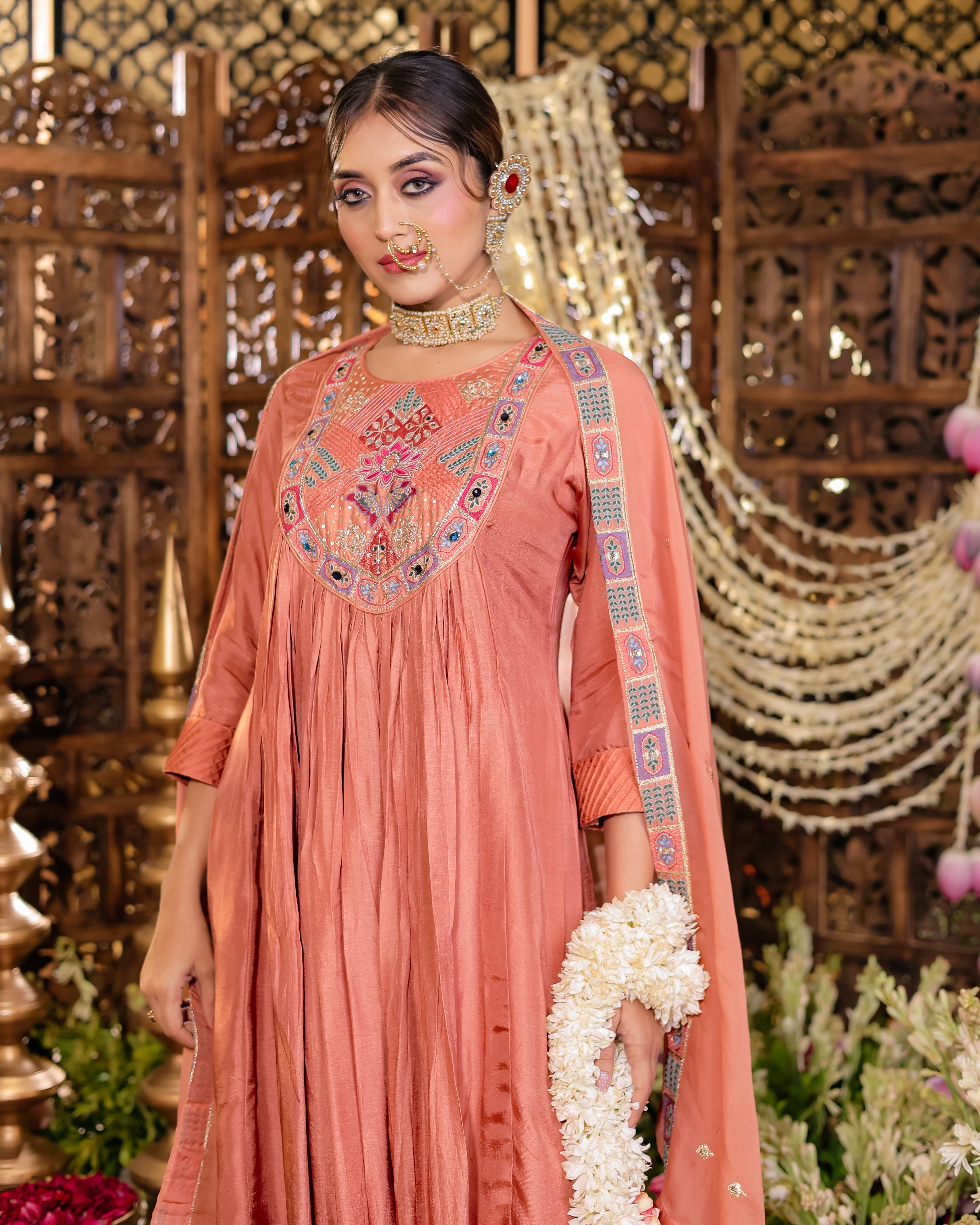 Peach Aura Embroidered Kurti Palazzo Set