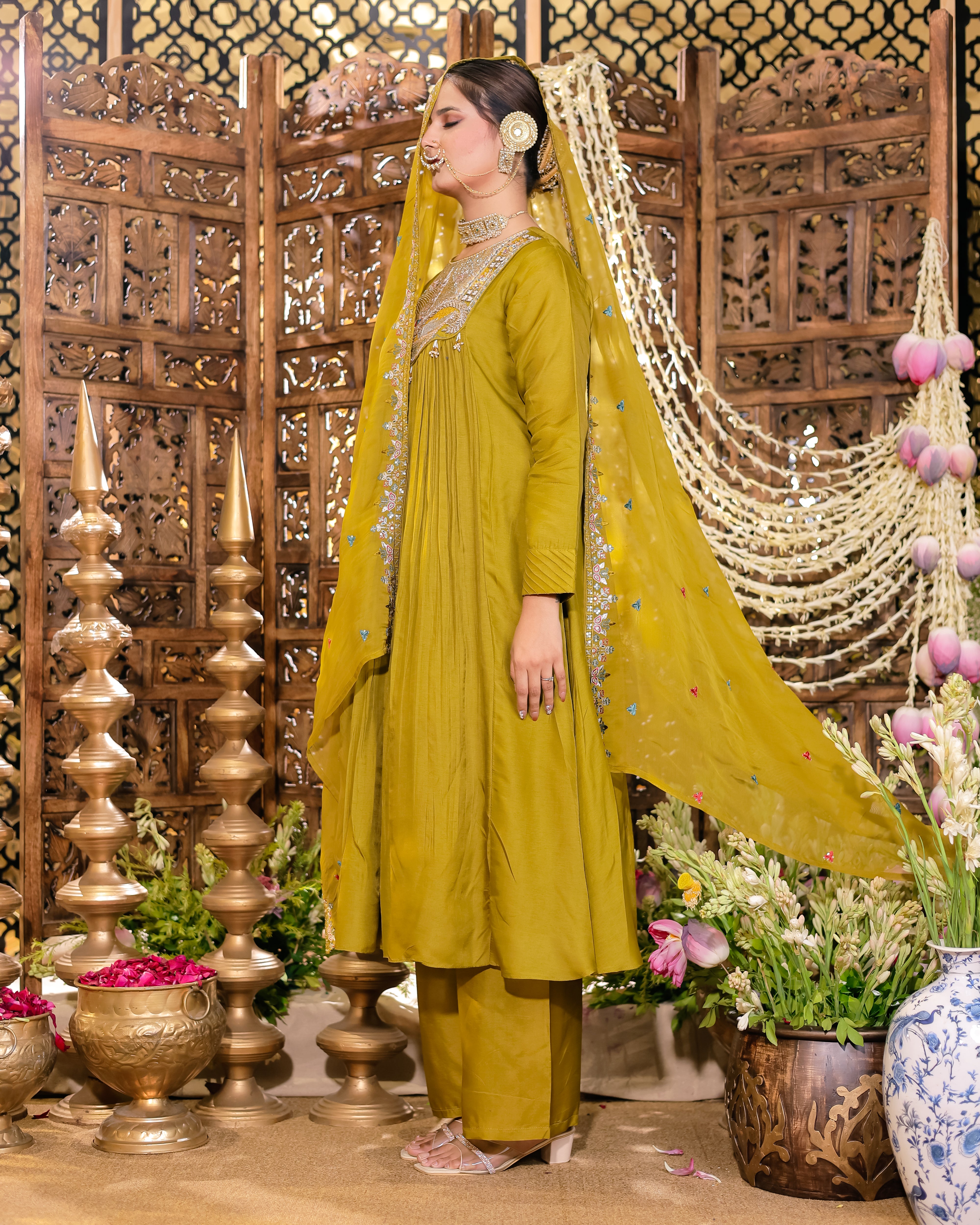 Olive Green Anarkali Flared Kurta Set