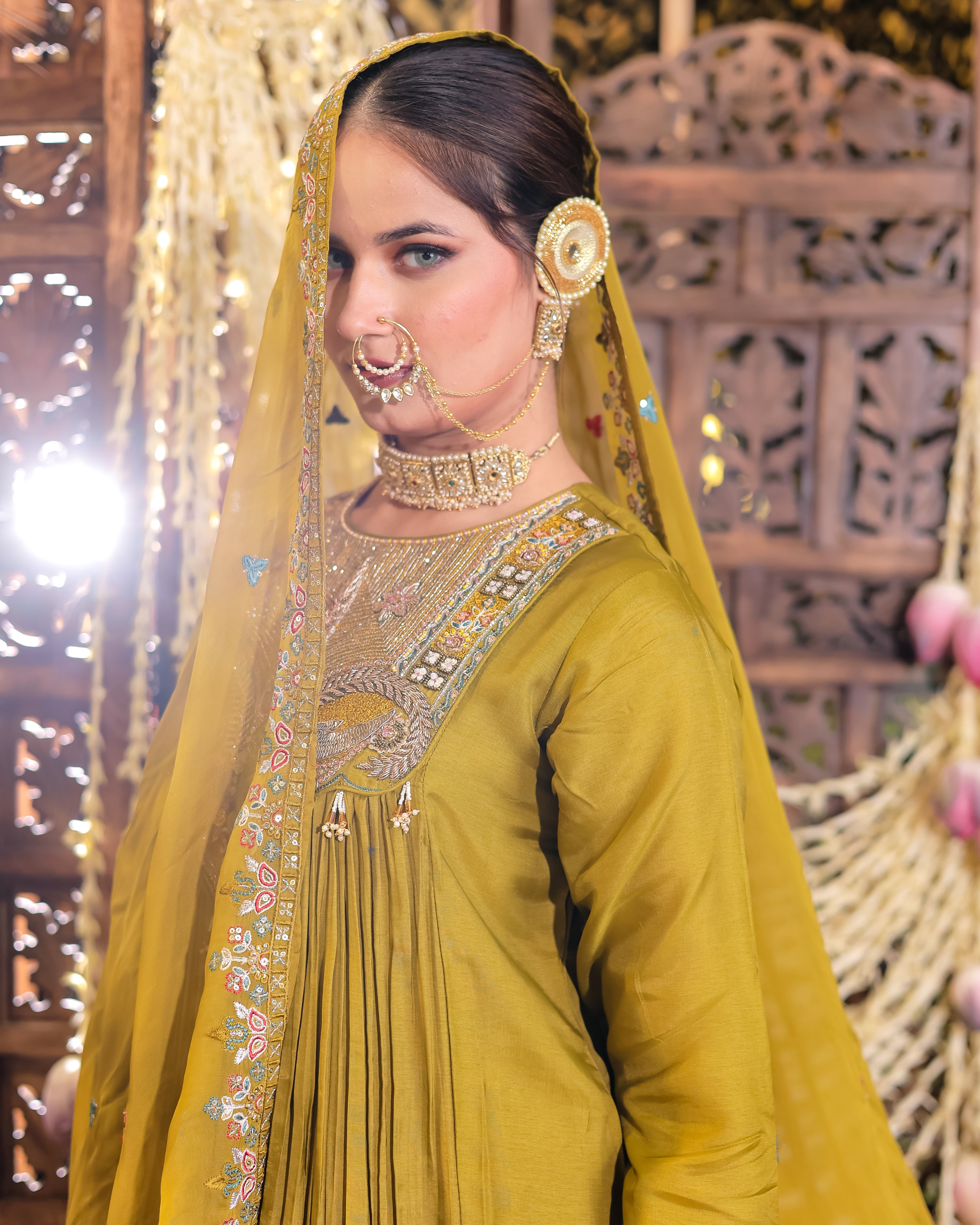 Olive Green Anarkali Flared Kurta Set