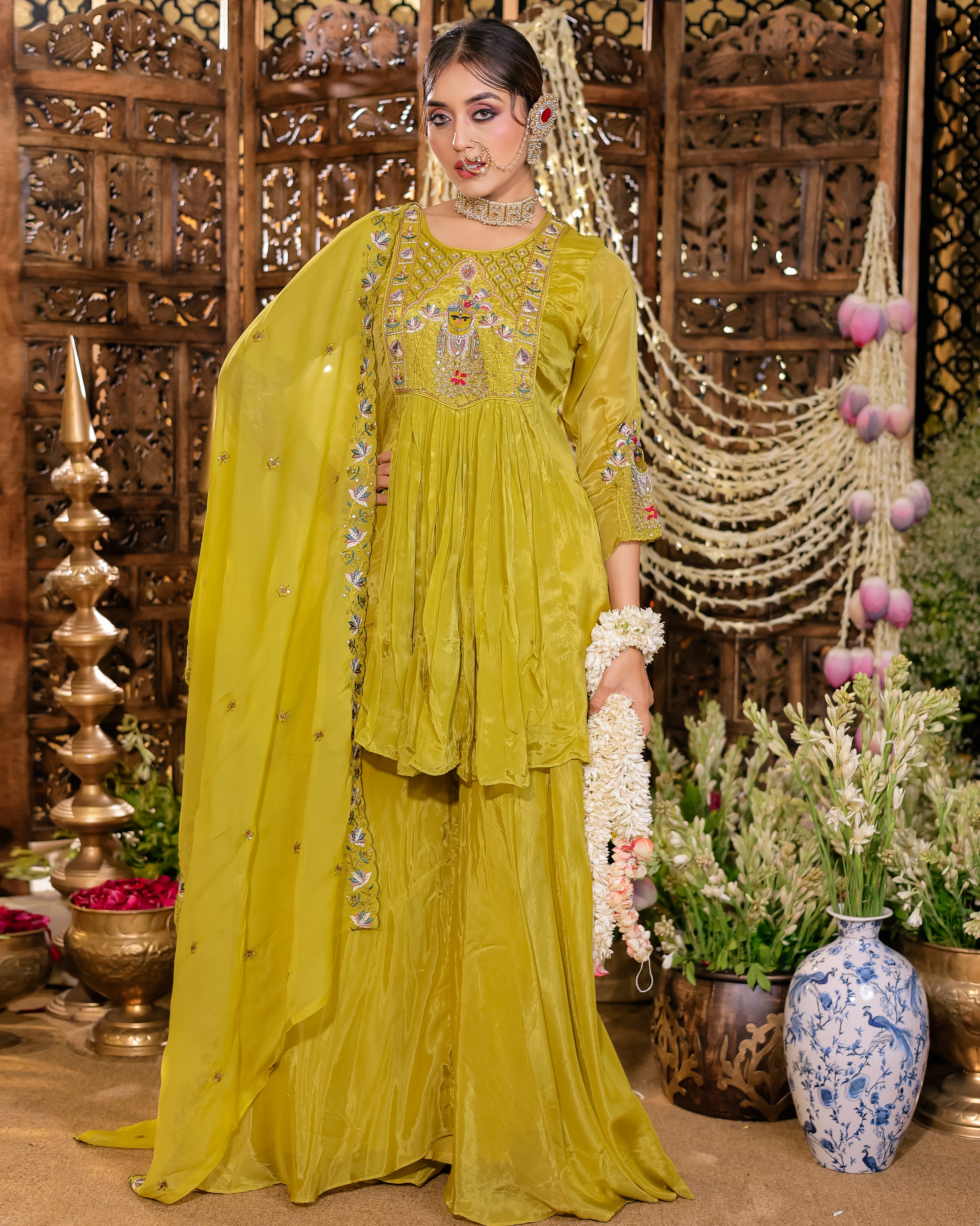 Mustard Royale Embroidered Kurti Palazzo Set