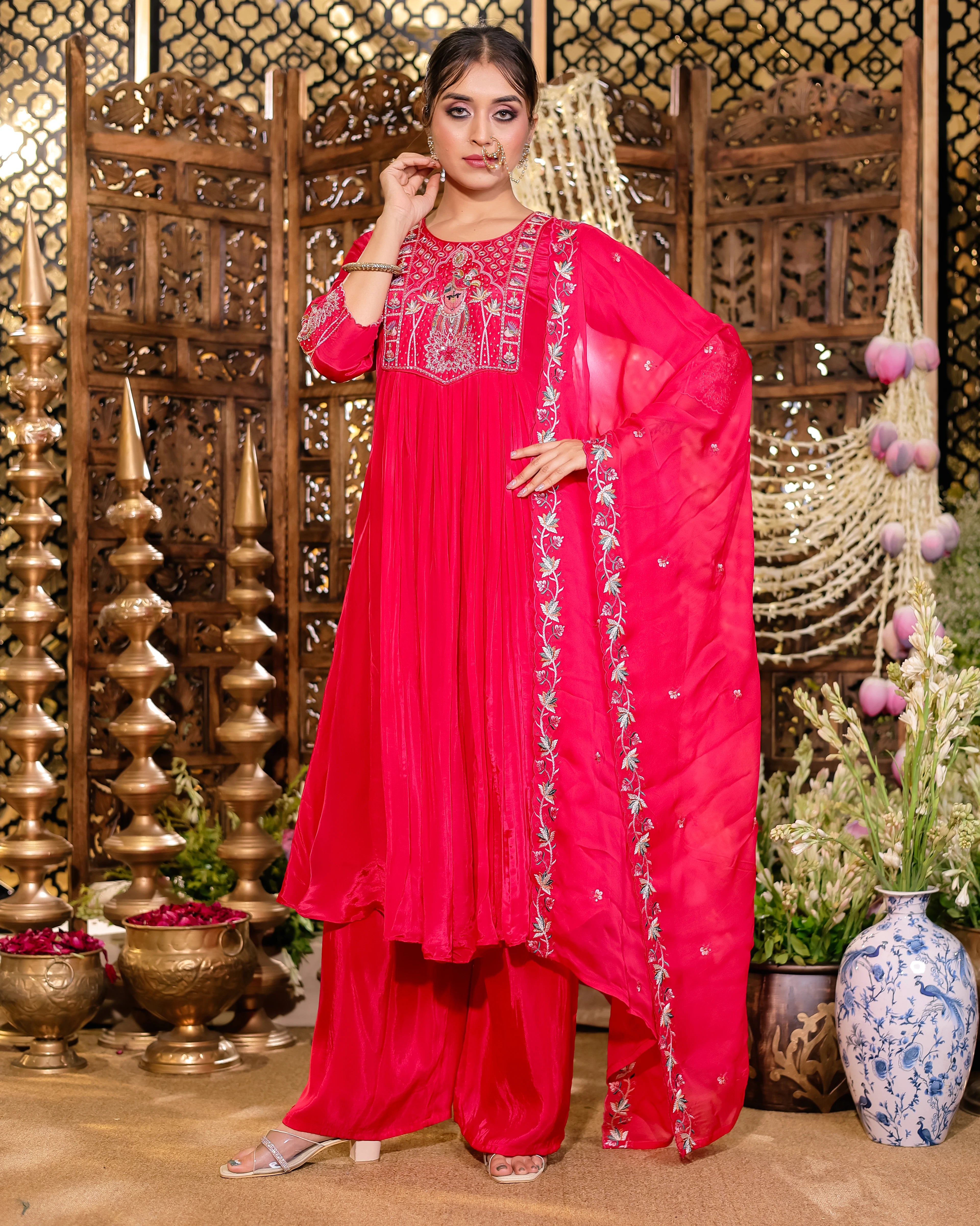 Fuchsia Embroidered Anarkali Kurti with Palazzo Set