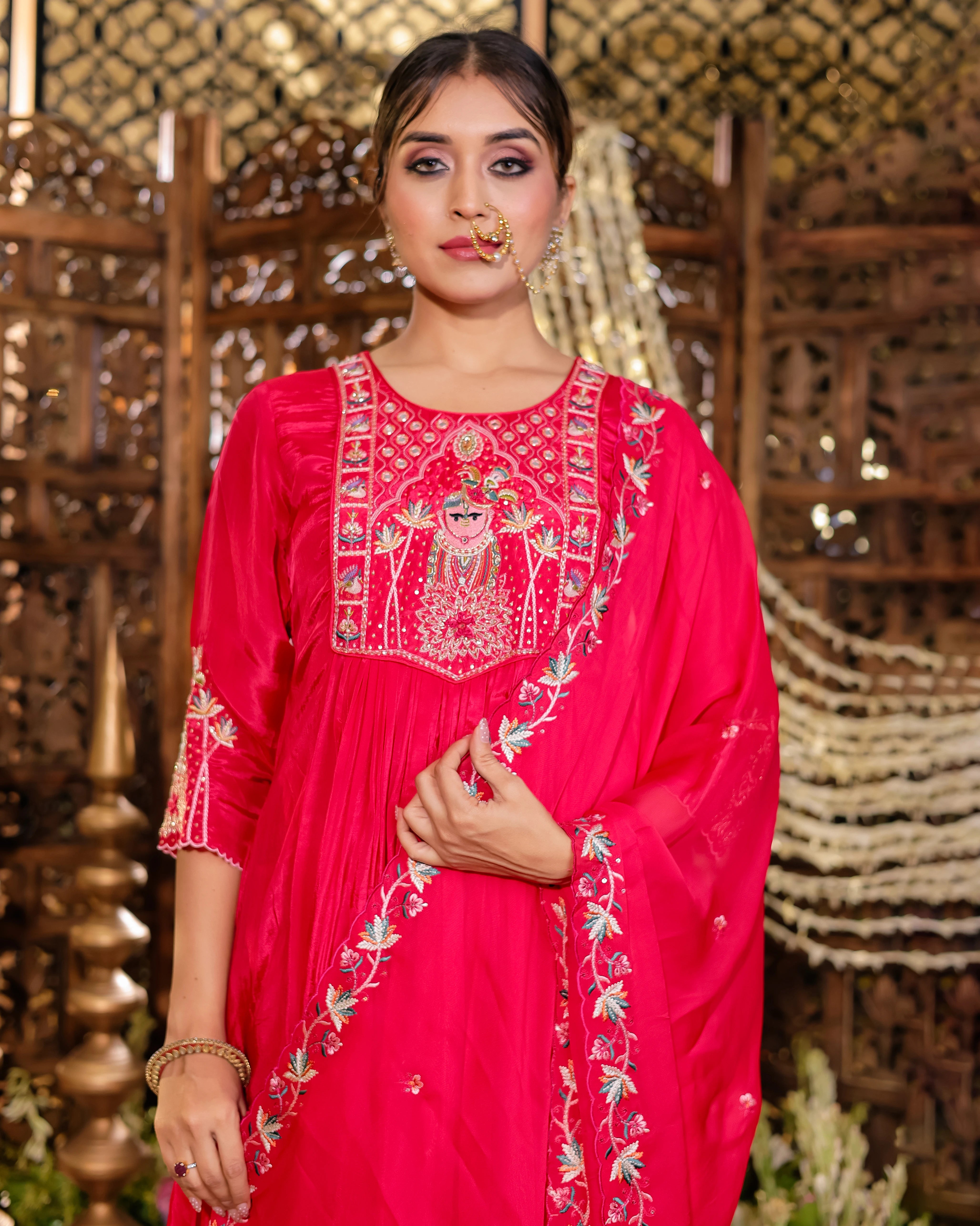 Fuchsia Embroidered Anarkali Kurti with Palazzo Set