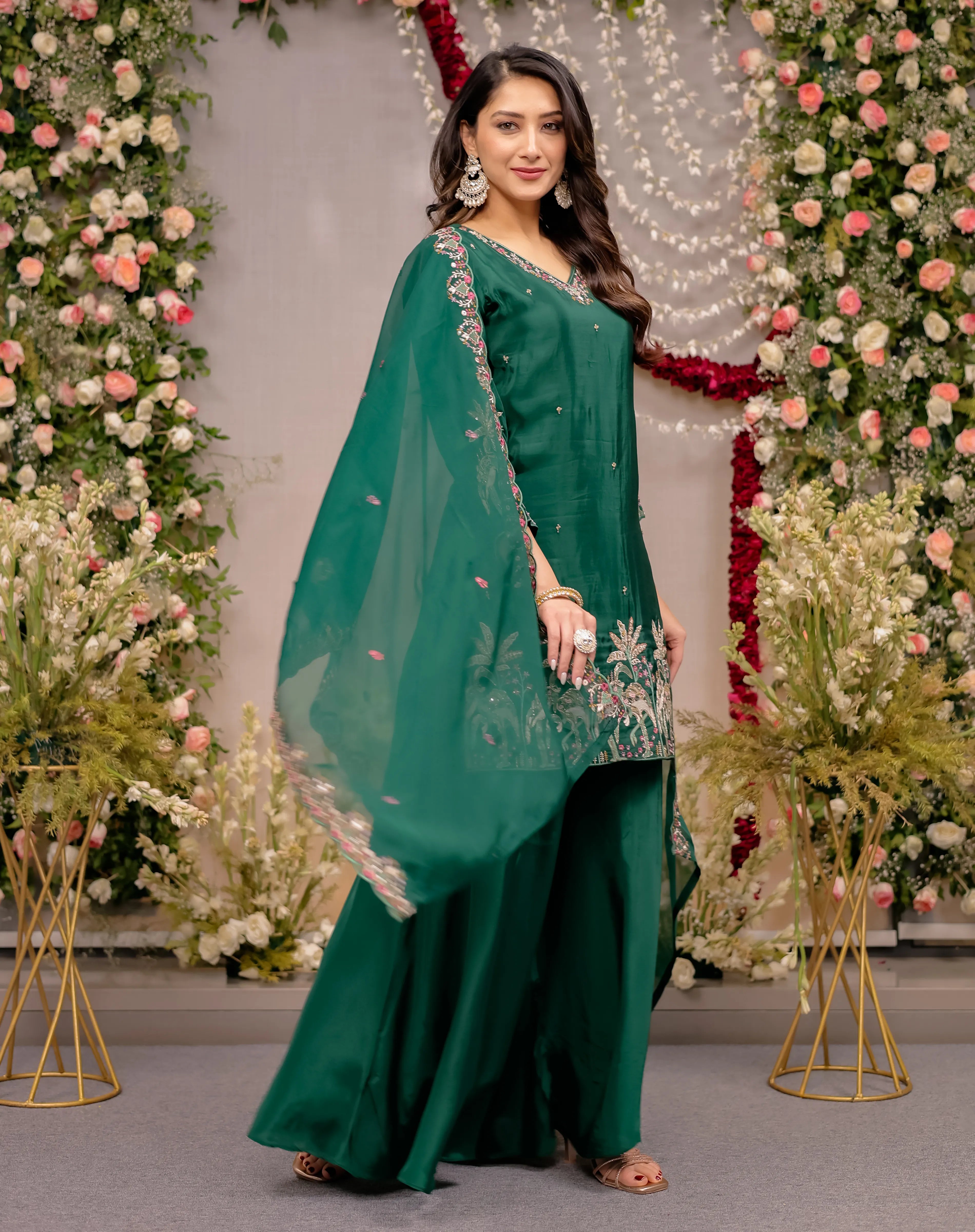 Emerald Green Silk Sharara Suit with Heron Embroidery