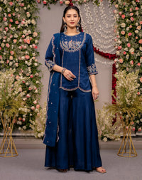 Royal Navy Blue Silk Sharara Set – Designer 3-Piece Ethnic Wear