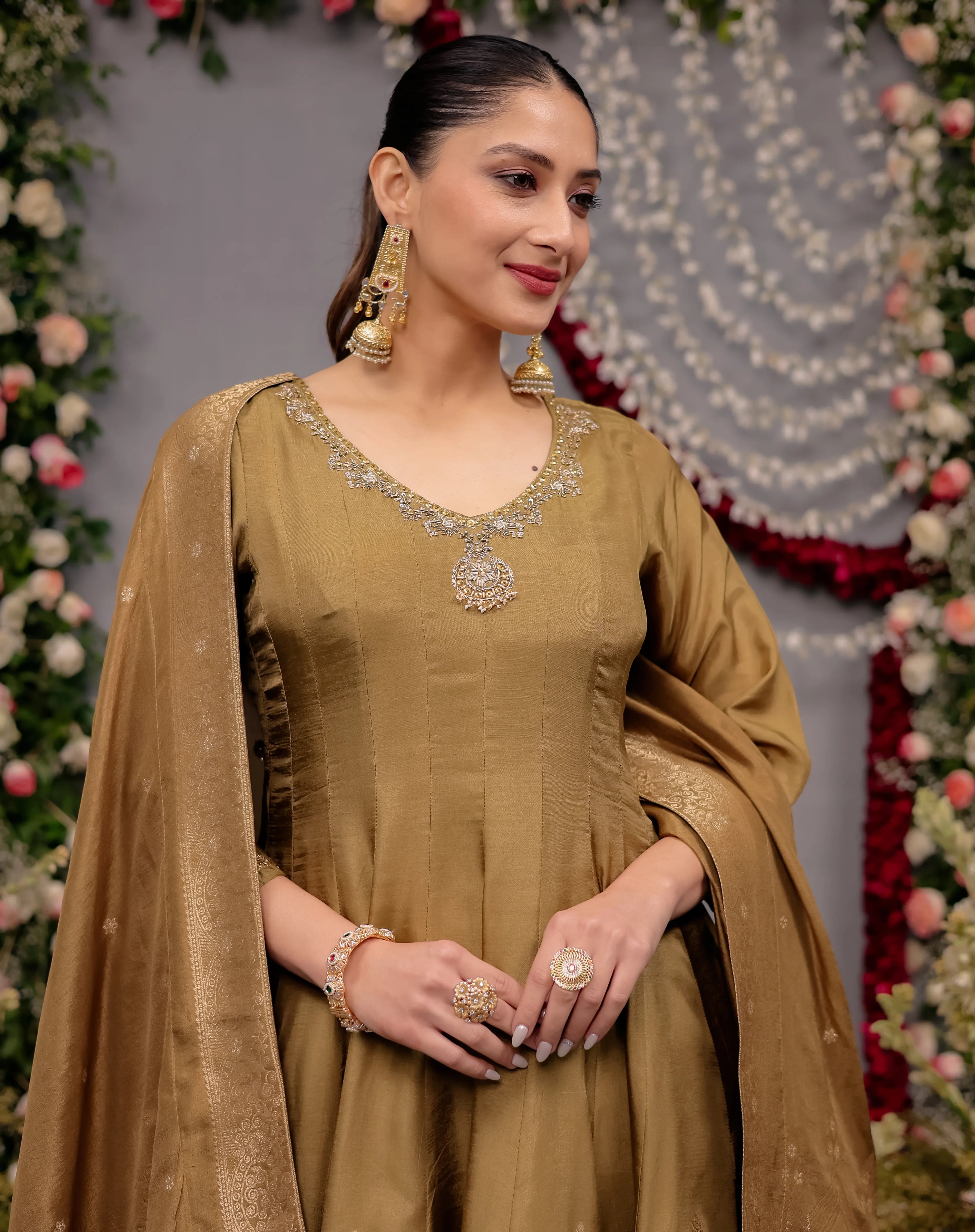 Mustard Gold Silk Anarkali Suit with Patterned Borders