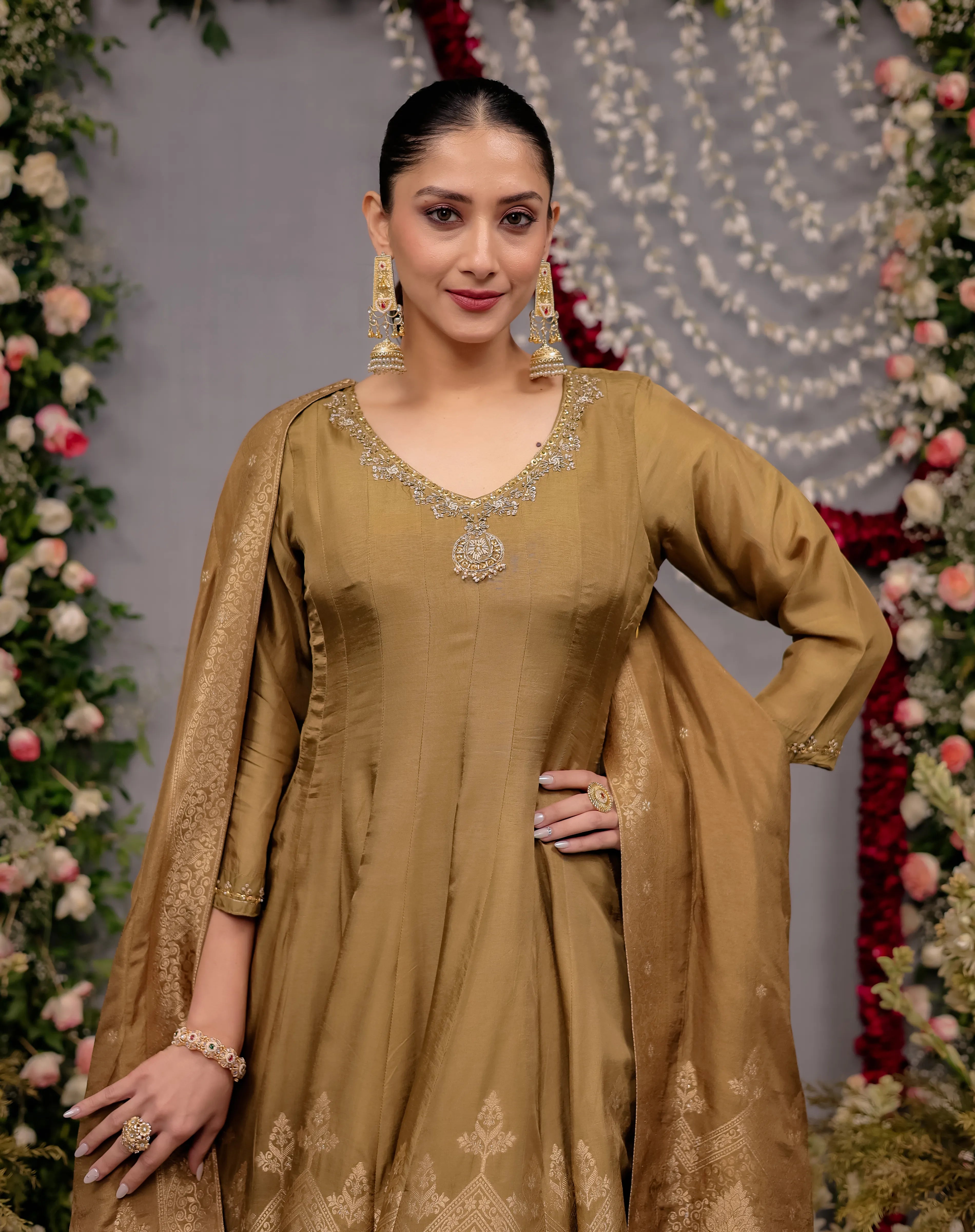 Mustard Gold Silk Anarkali Suit with Patterned Borders