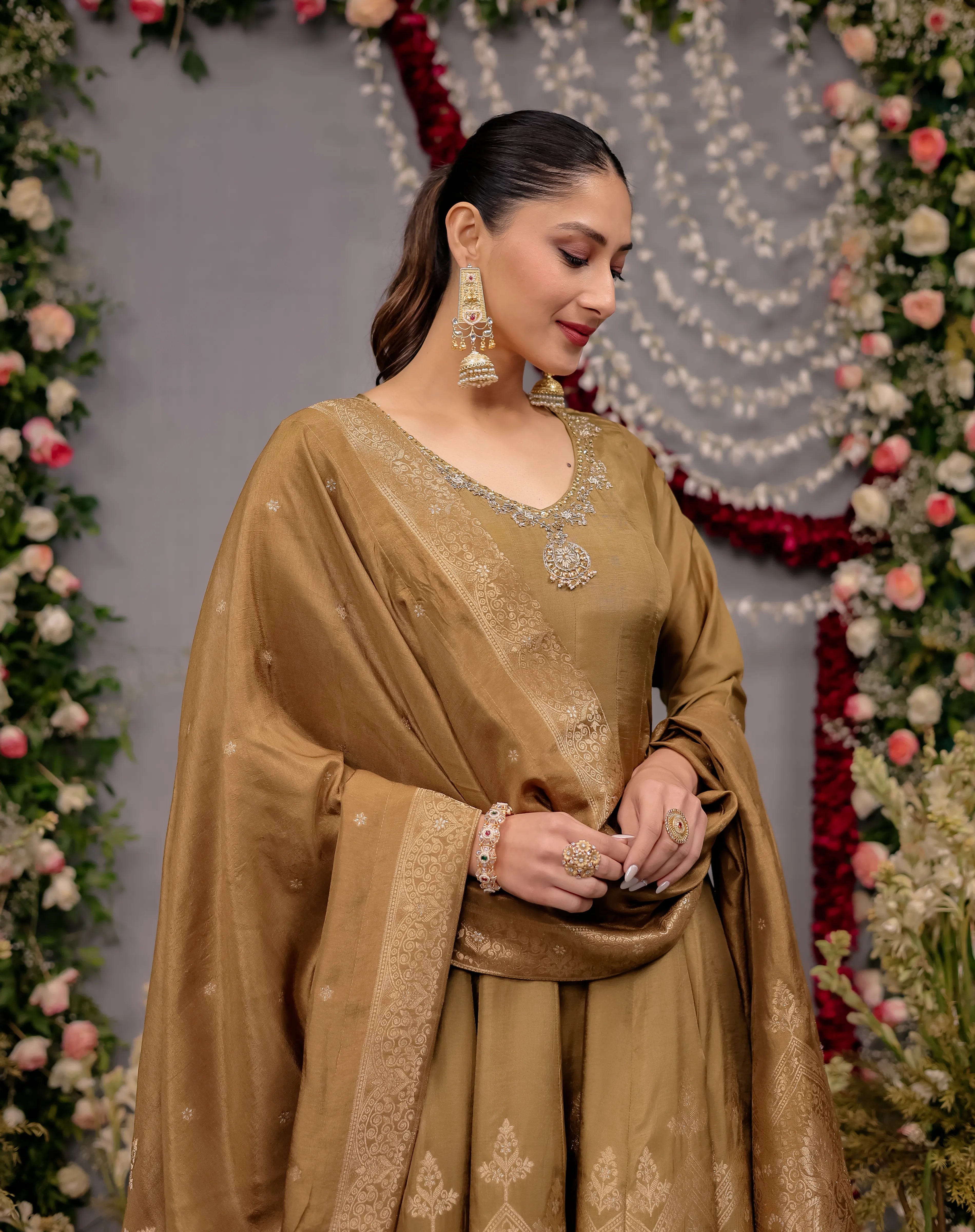 Mustard Gold Silk Anarkali Suit with Patterned Borders