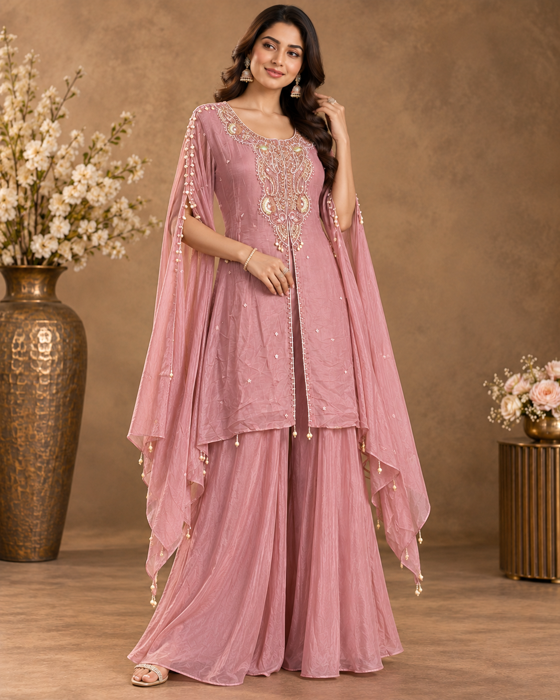 Dusty Pink Embroidered Palazzo Suit Set for Women