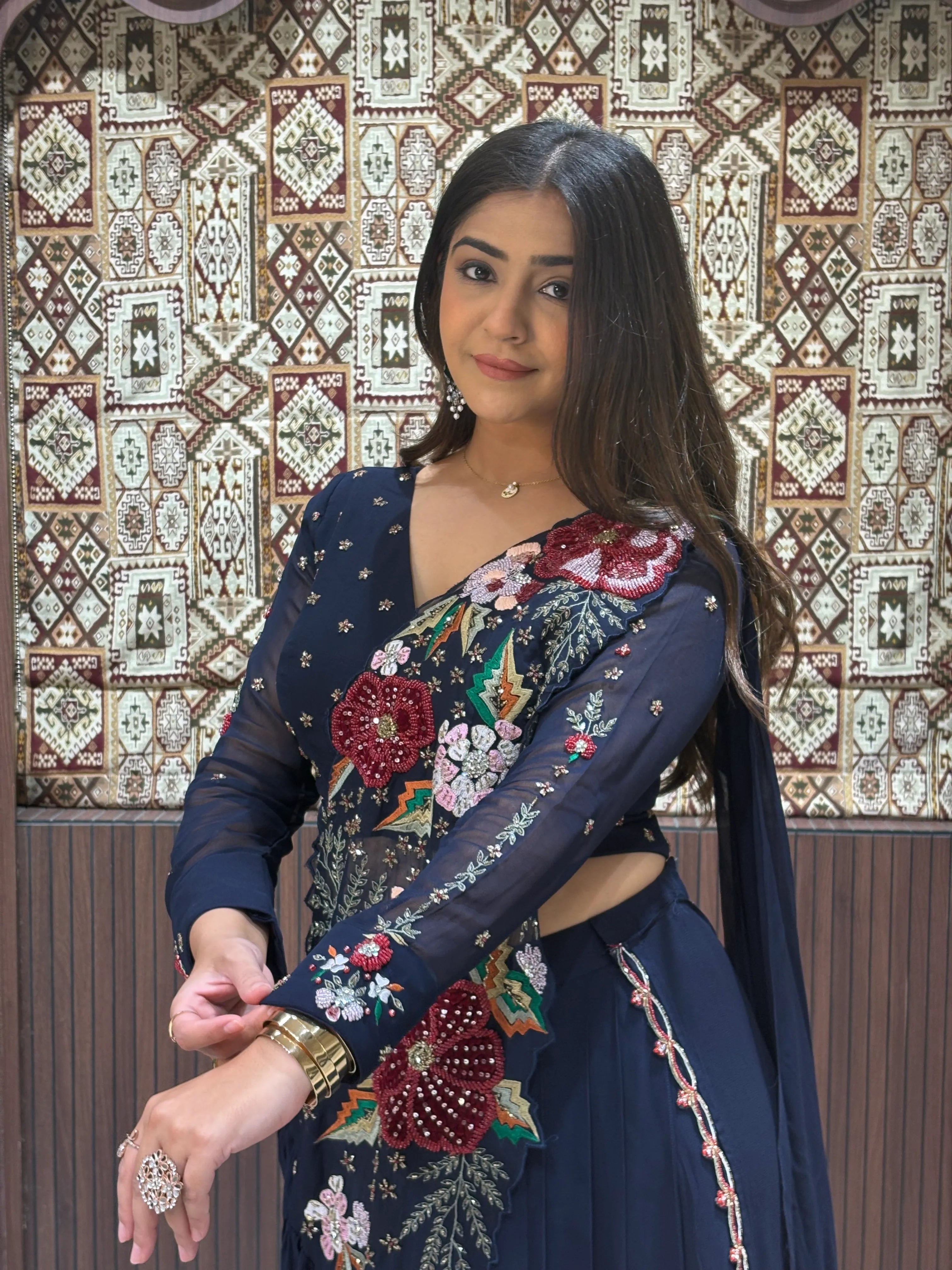 Embroidered Navy Cocktail Saree with Floral Appliqué