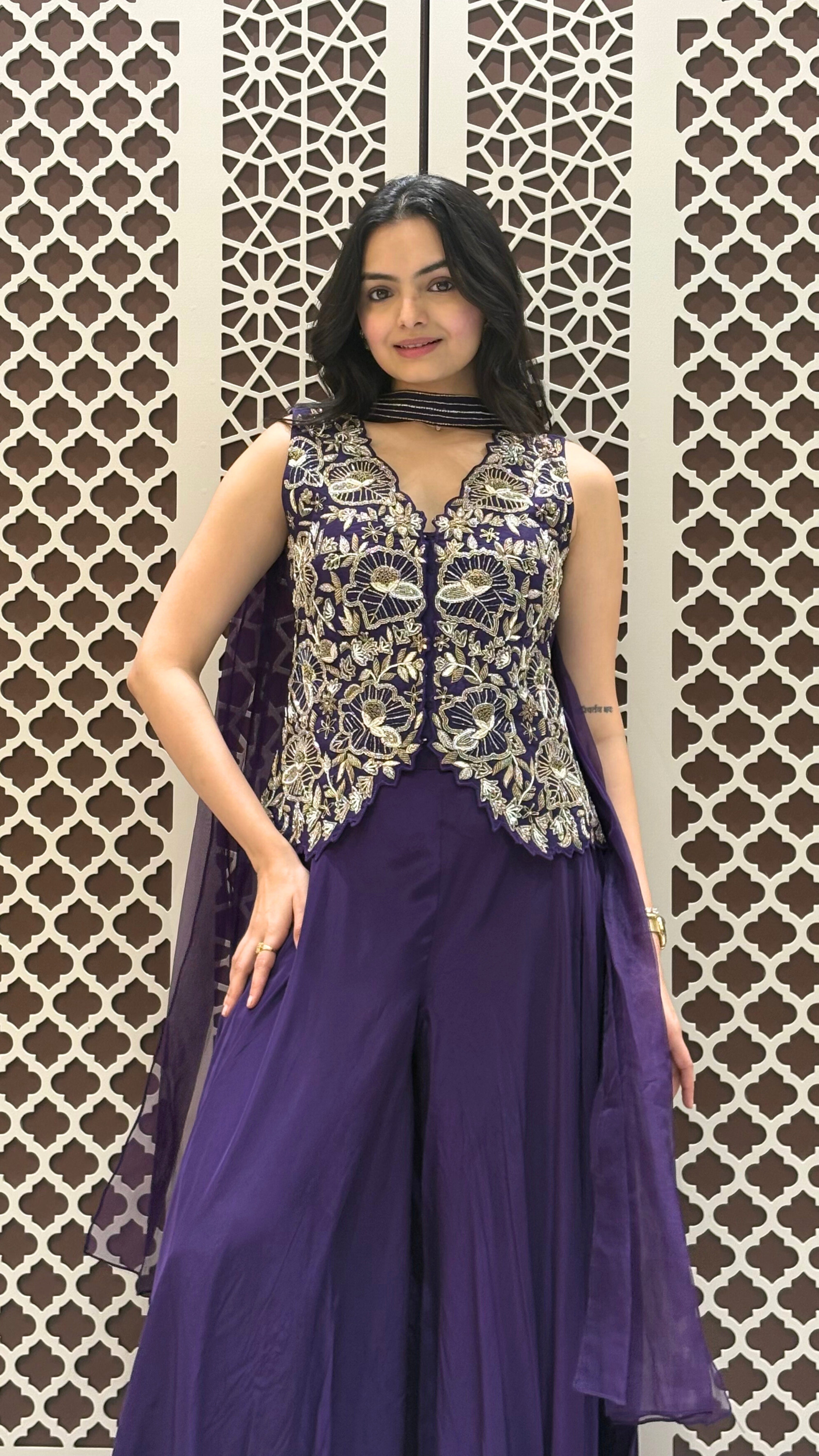 Indigo Embroidered Short Kurti with Palazzo Set