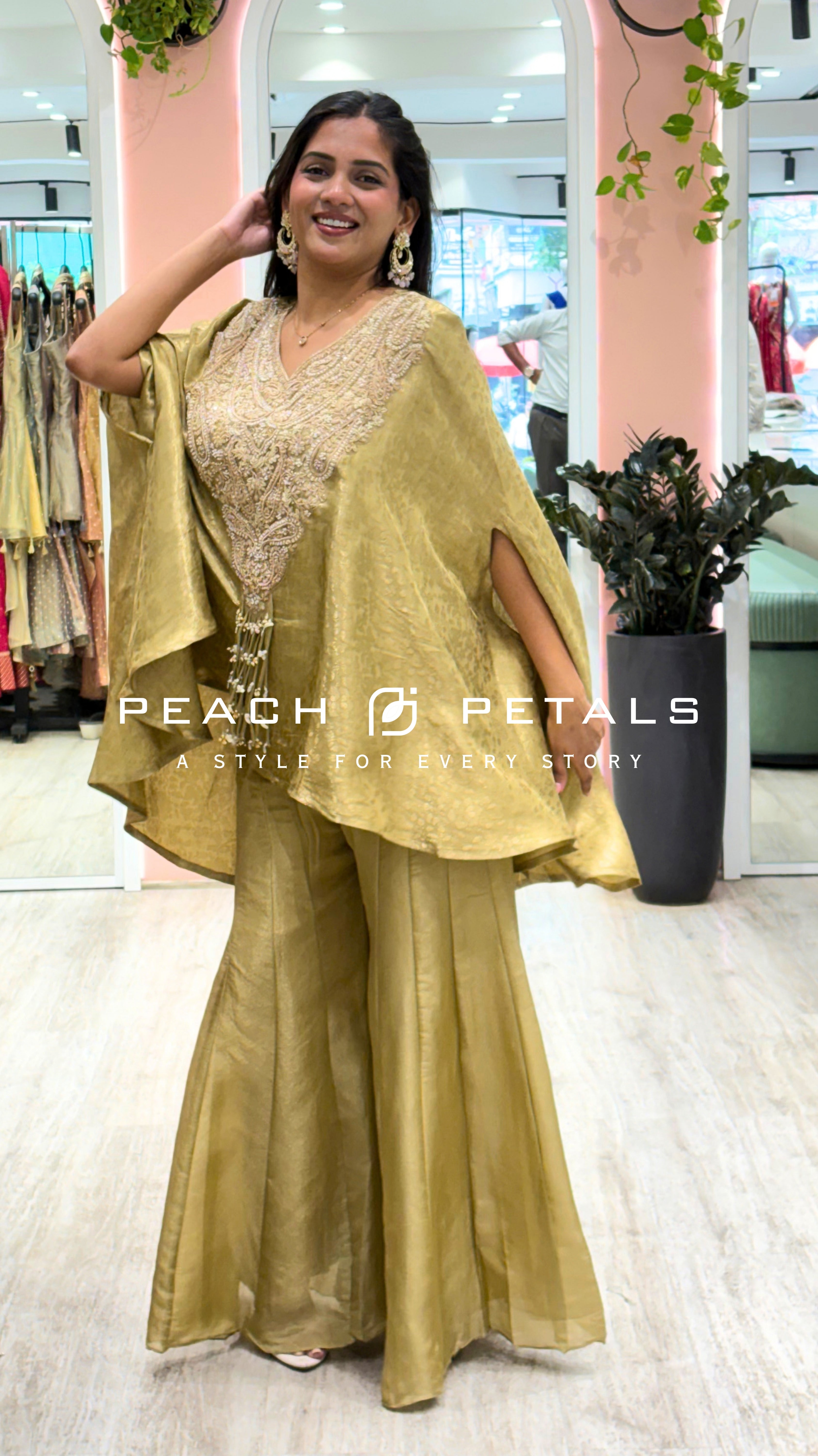 Elegant Golden Embroidered Kaftan Palazzo Set