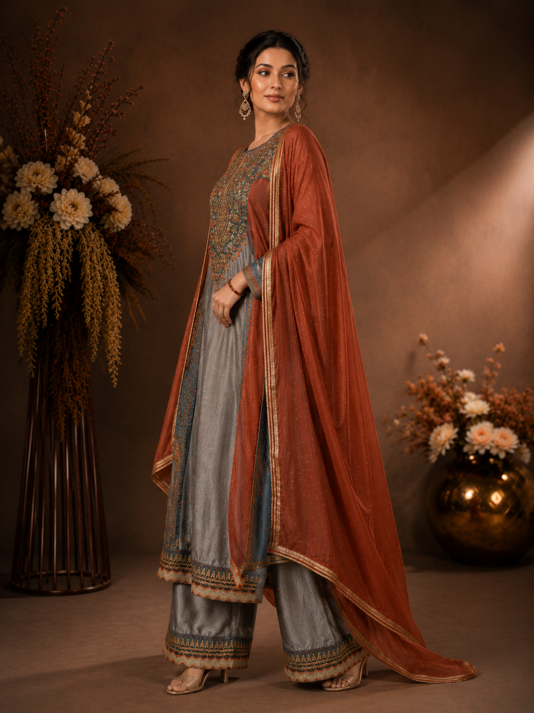 Women's Grey Embroidered Kurta Palazzo Set with Dual-Tone Dupatta