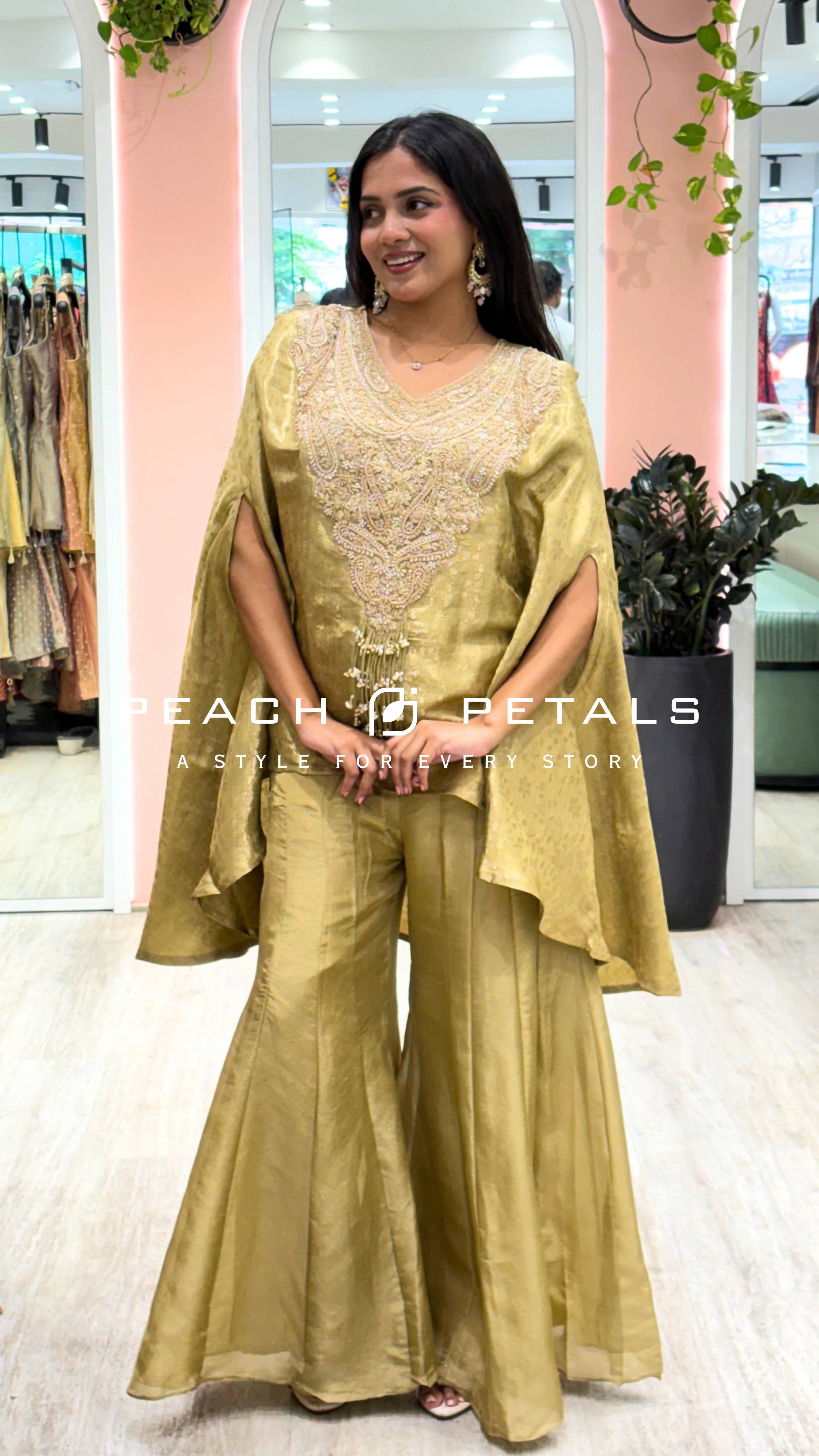 Elegant Golden Embroidered Kaftan Palazzo Set