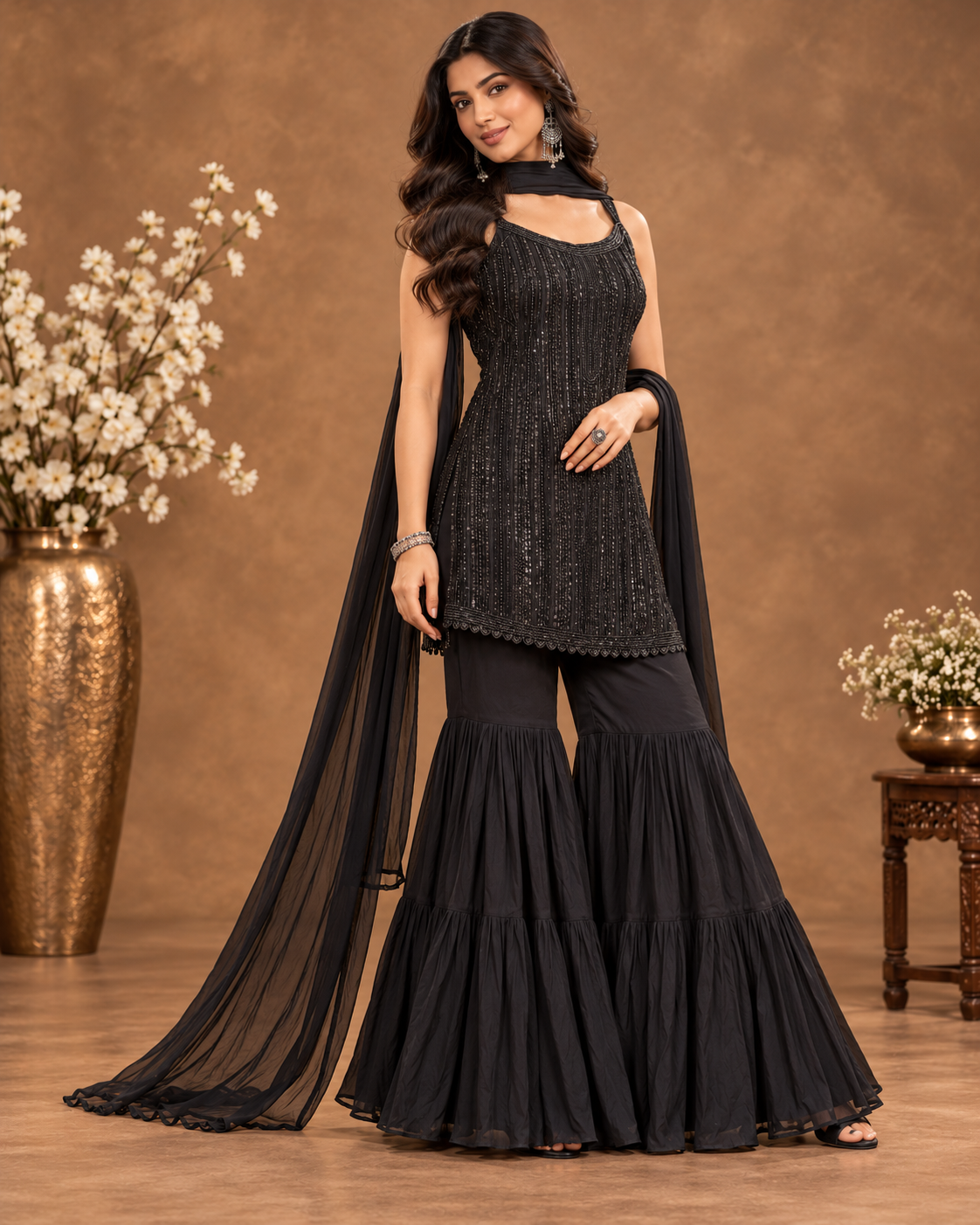 Black Embroidered Top Palazzo Set with Dupatta for Women