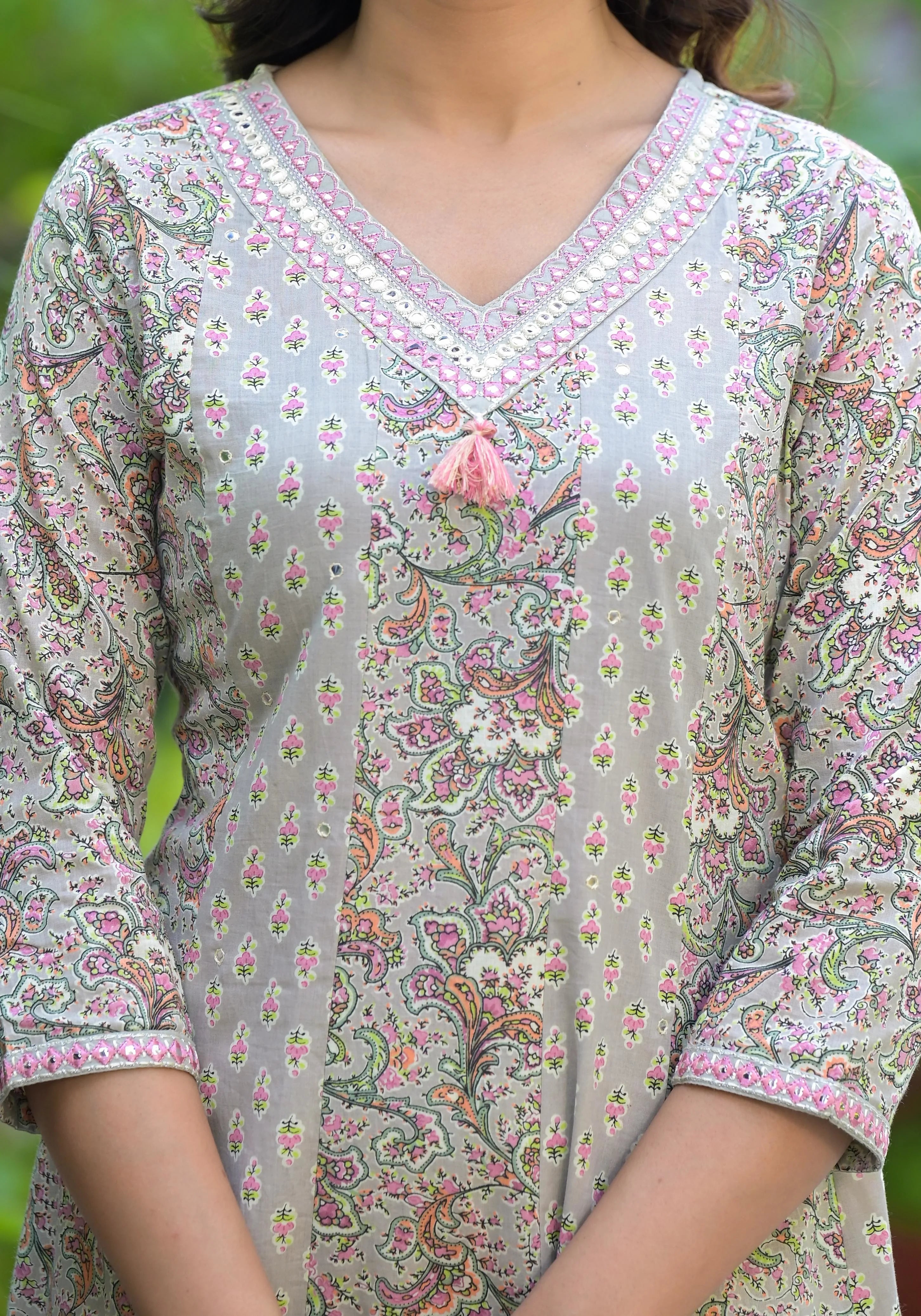 Floral patterned kurta with a blurred background