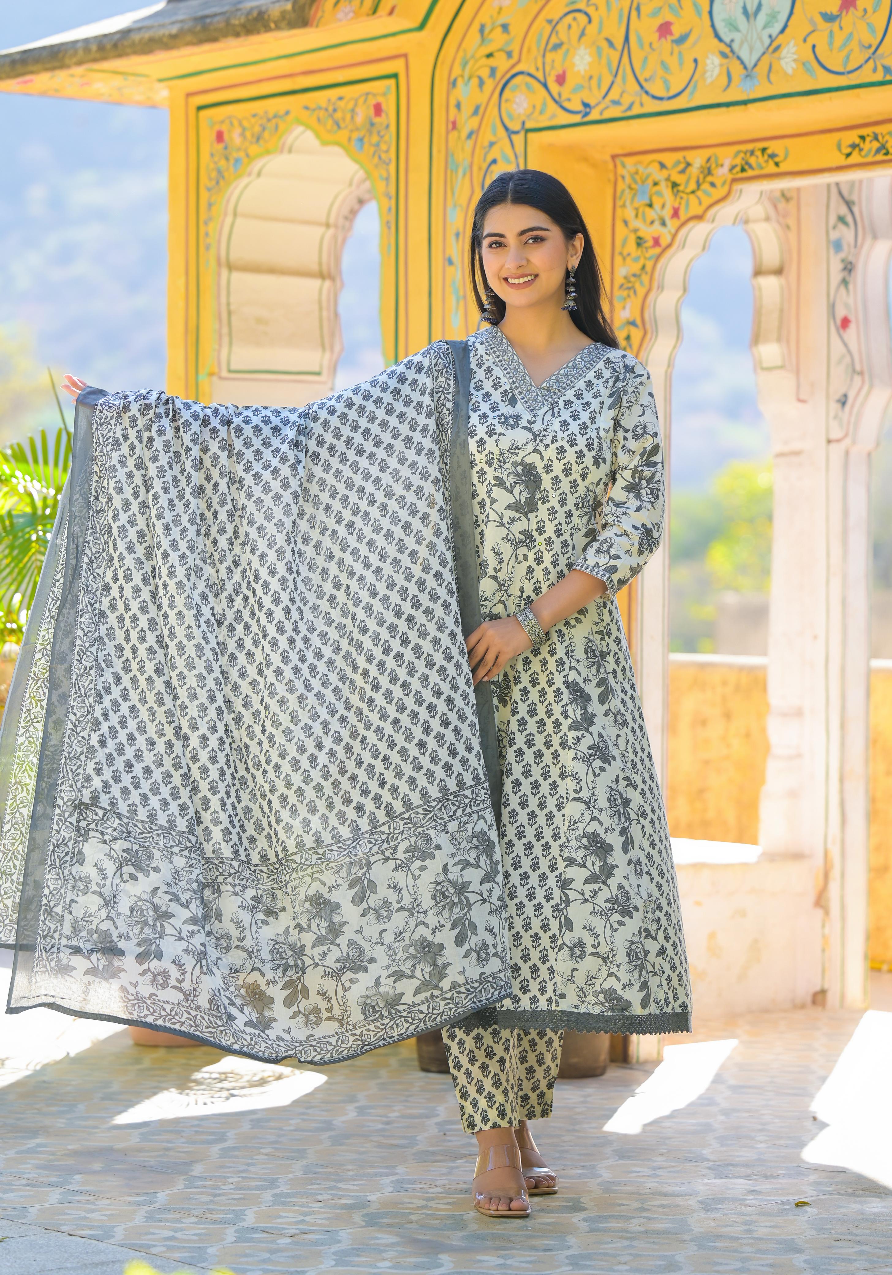 GRAY ANARKALI DUPATTA PANT PAIR