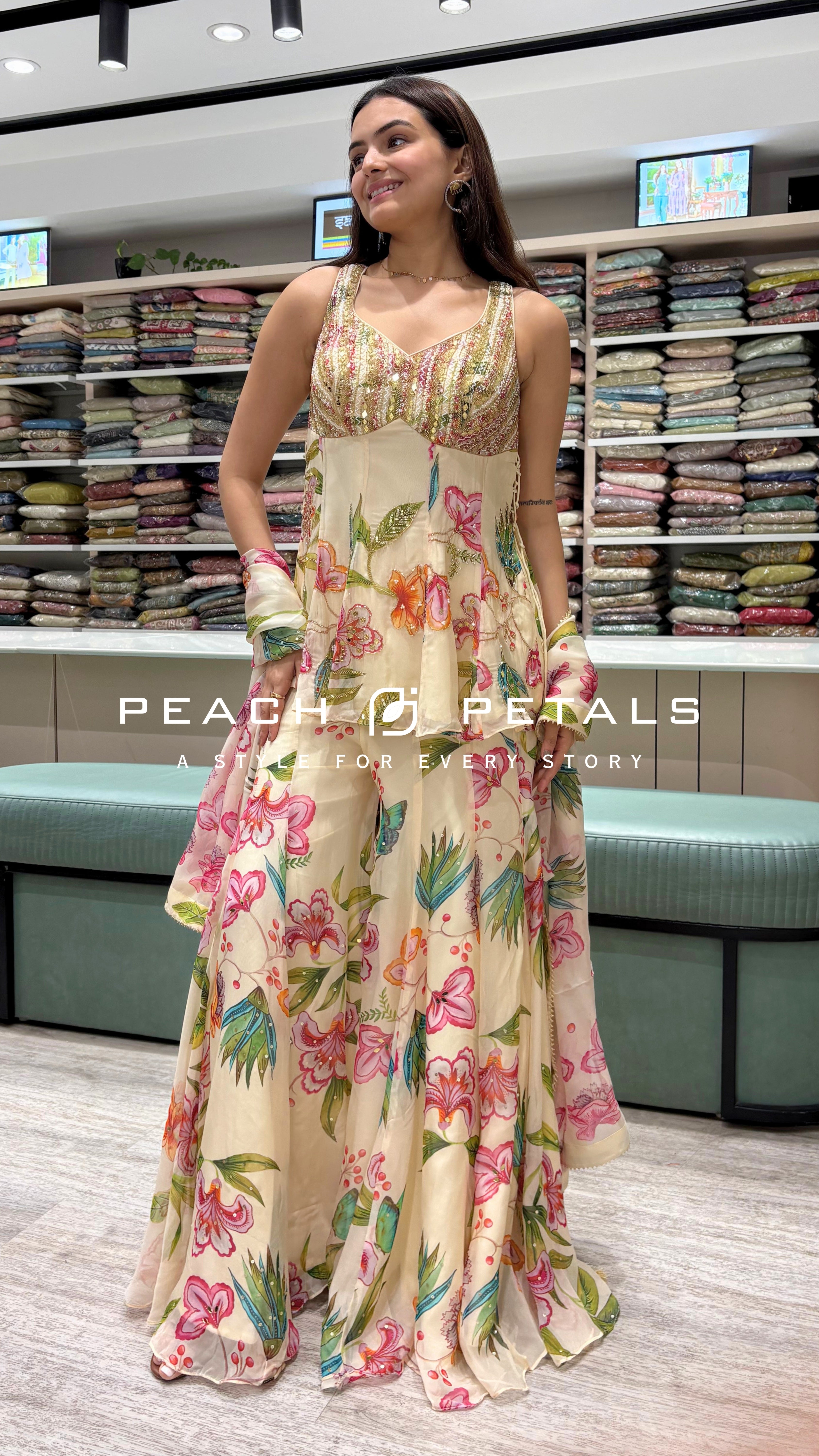Elegant Floral Printed Peplum Palazzo Set with Dupatta