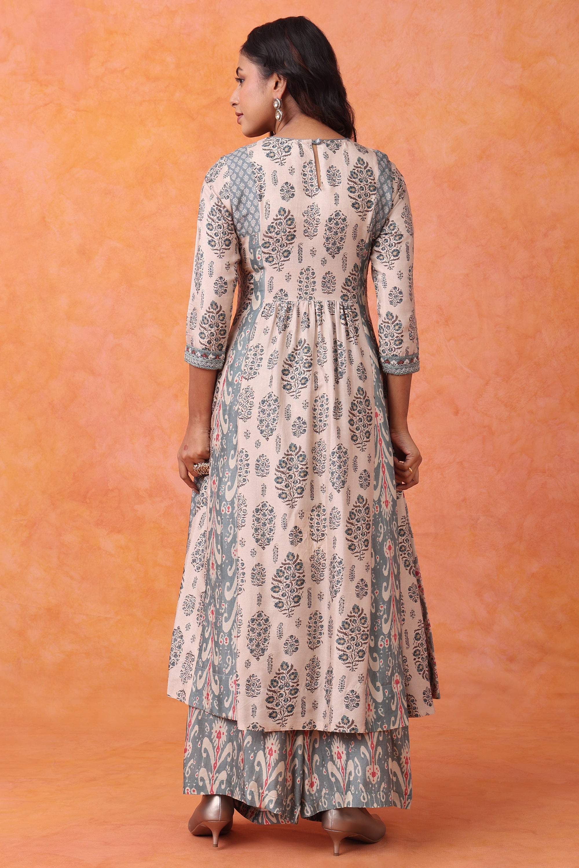 Grey Floral Printed Embroidered Anarkali Kurta Set