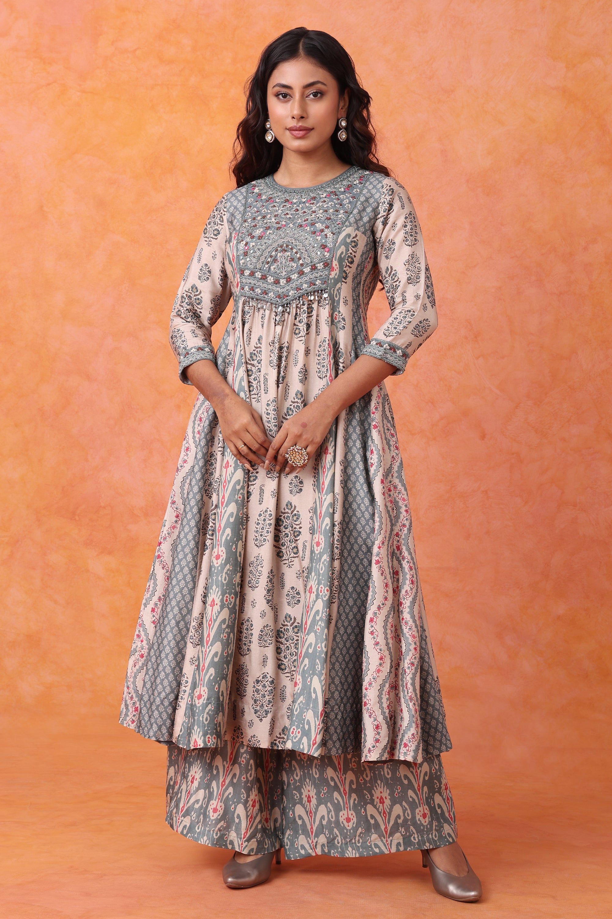 Grey Floral Printed Embroidered Anarkali Kurta Set