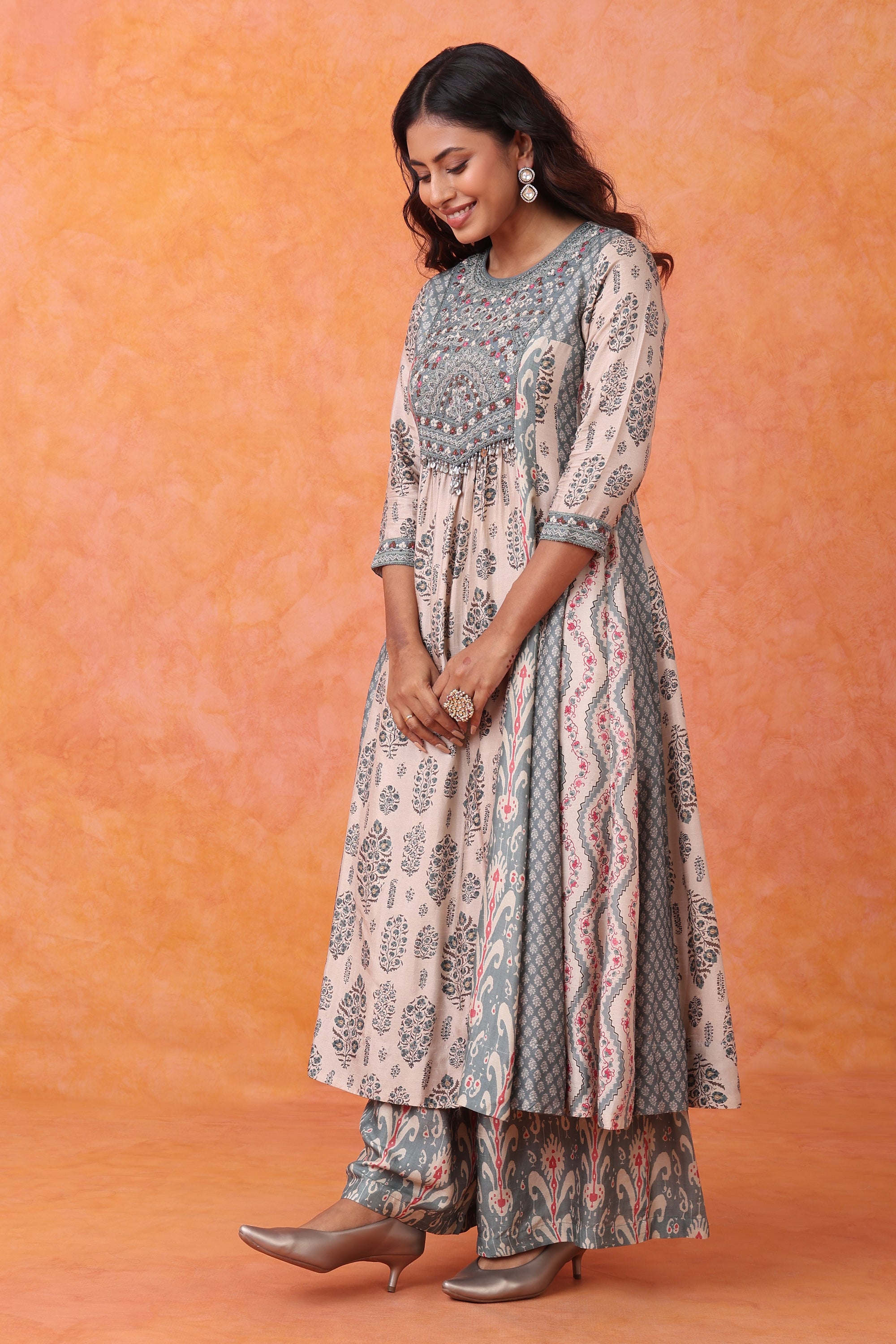 Grey Floral Printed Embroidered Anarkali Kurta Set