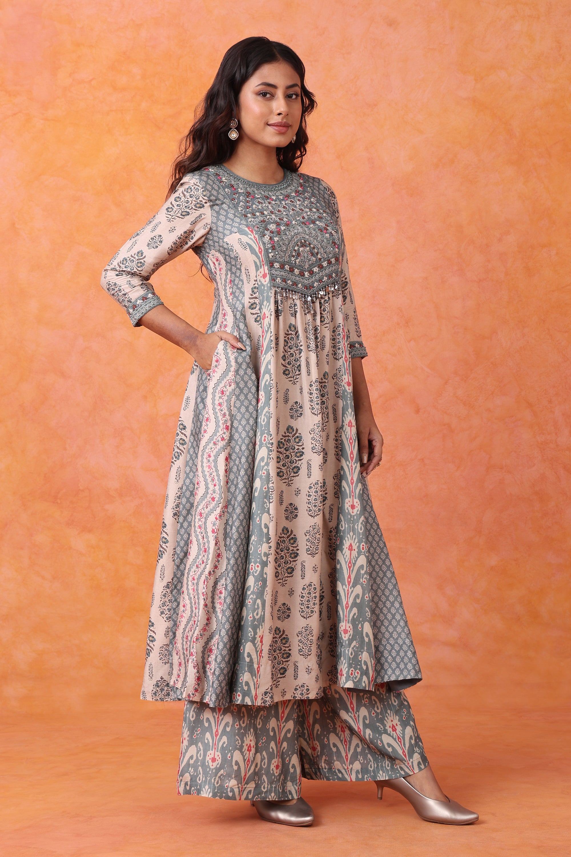 Grey Floral Printed Embroidered Anarkali Kurta Set