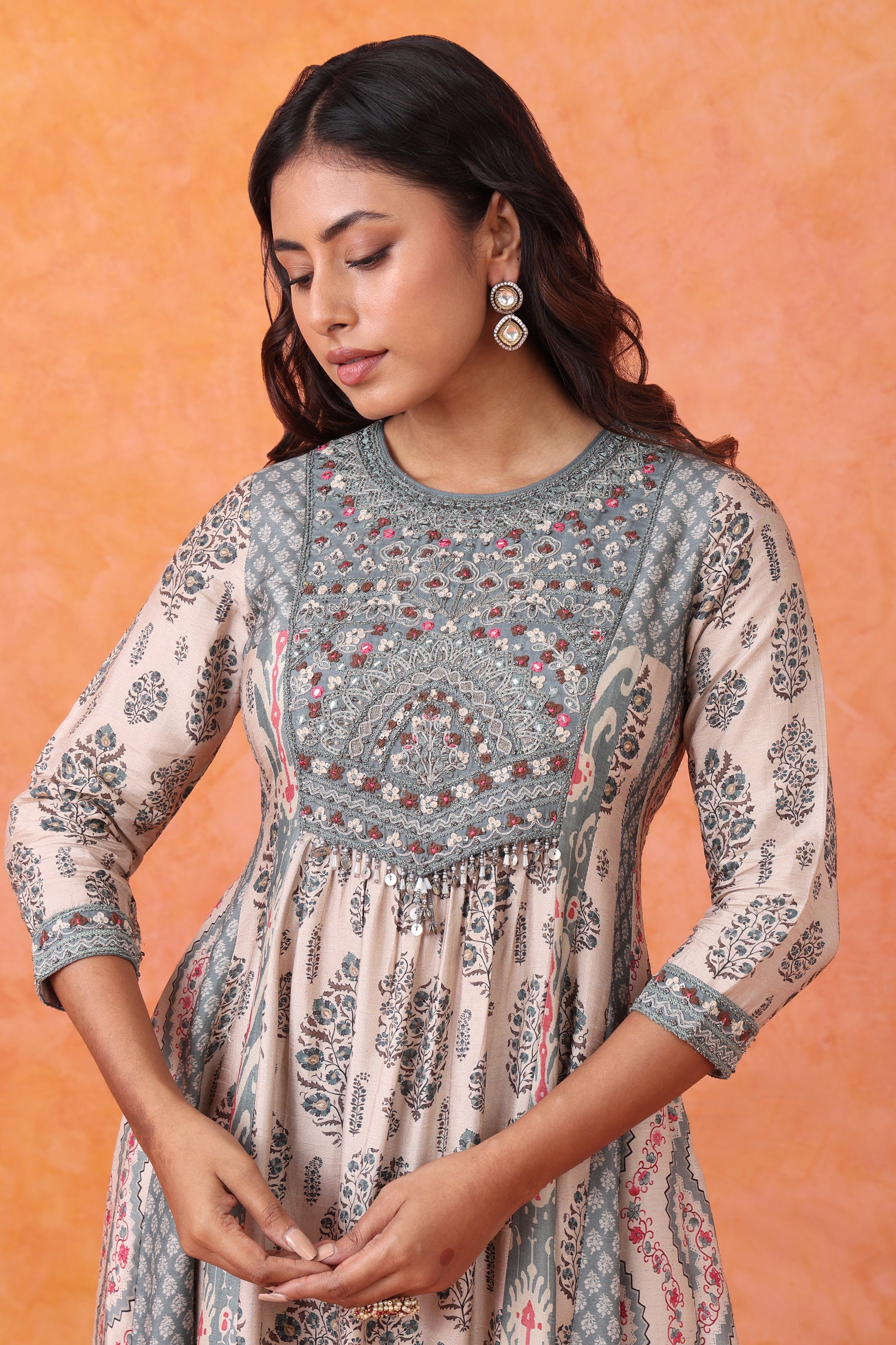Grey Floral Printed Embroidered Anarkali Kurta Set