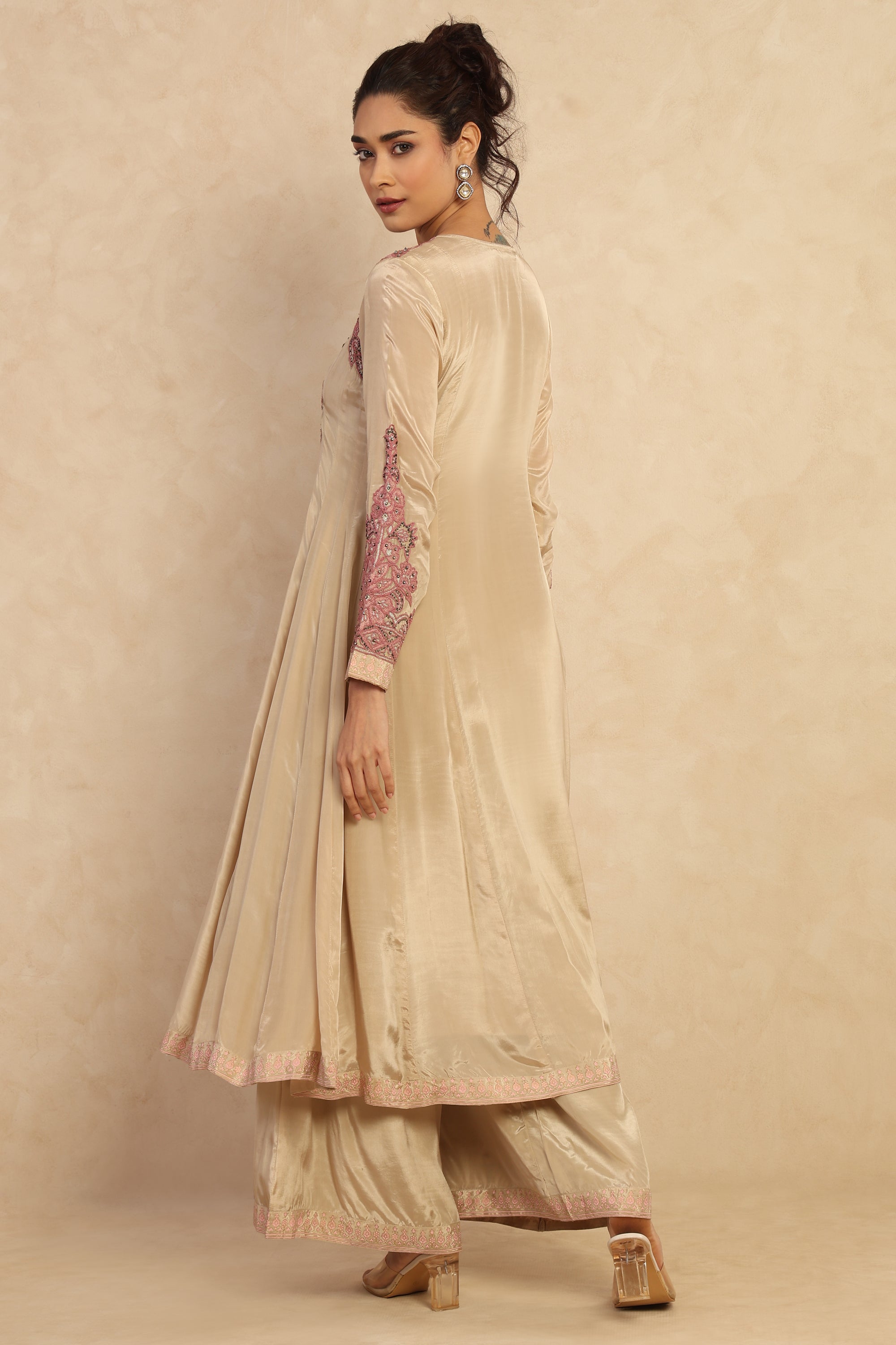 Champagne Embroidered Flared Kurta Set
