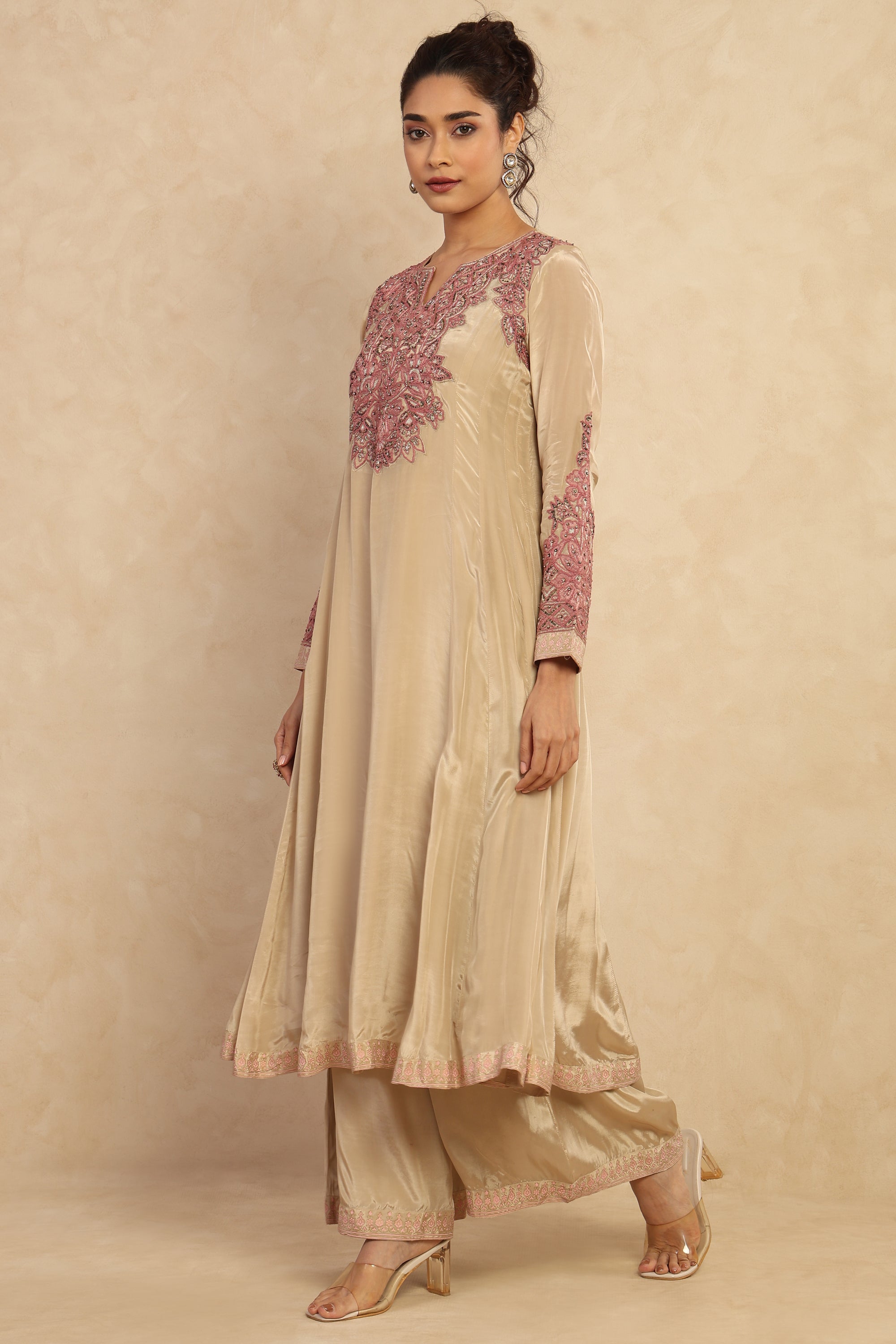 Champagne Embroidered Flared Kurta Set