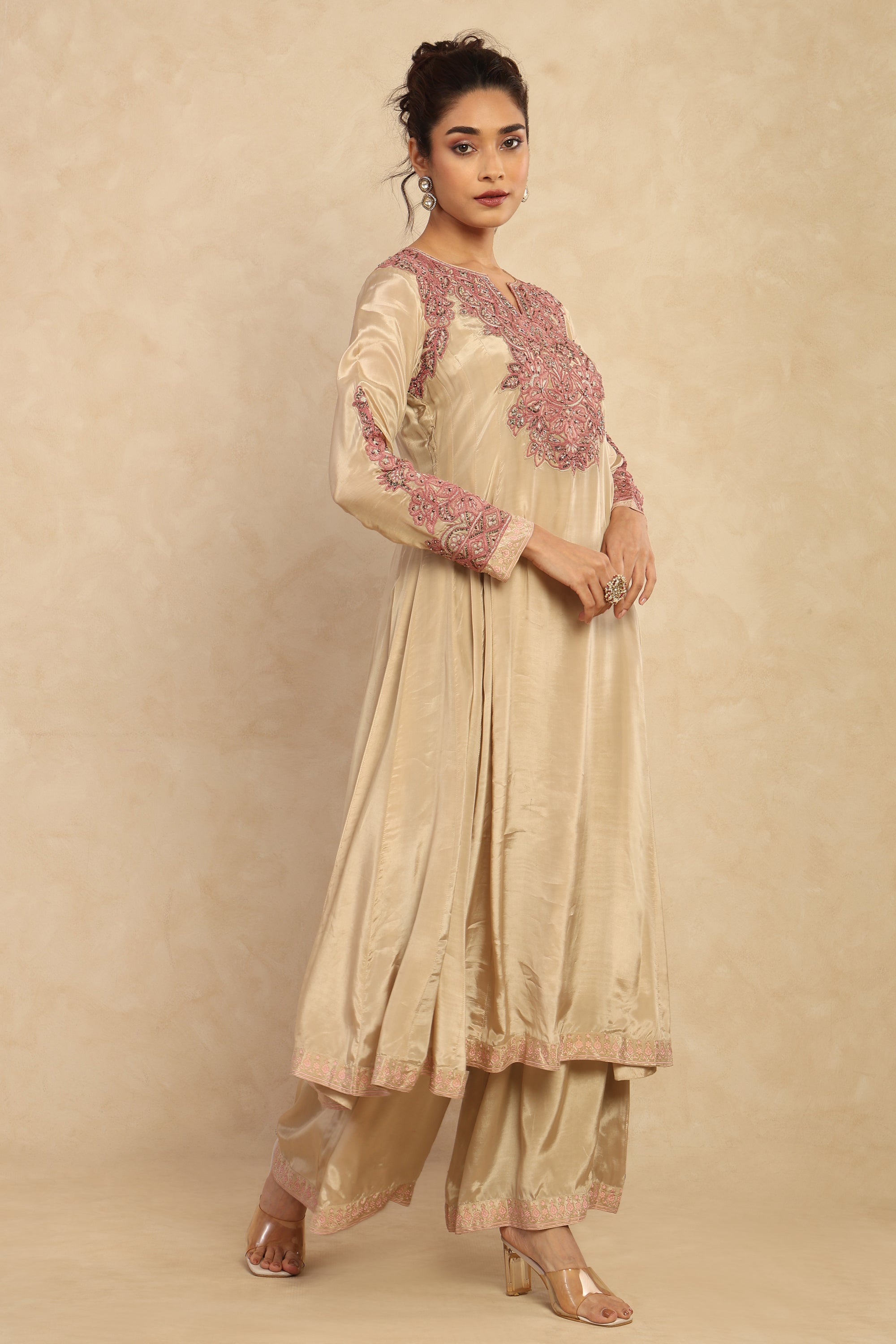 Champagne Embroidered Flared Kurta Set