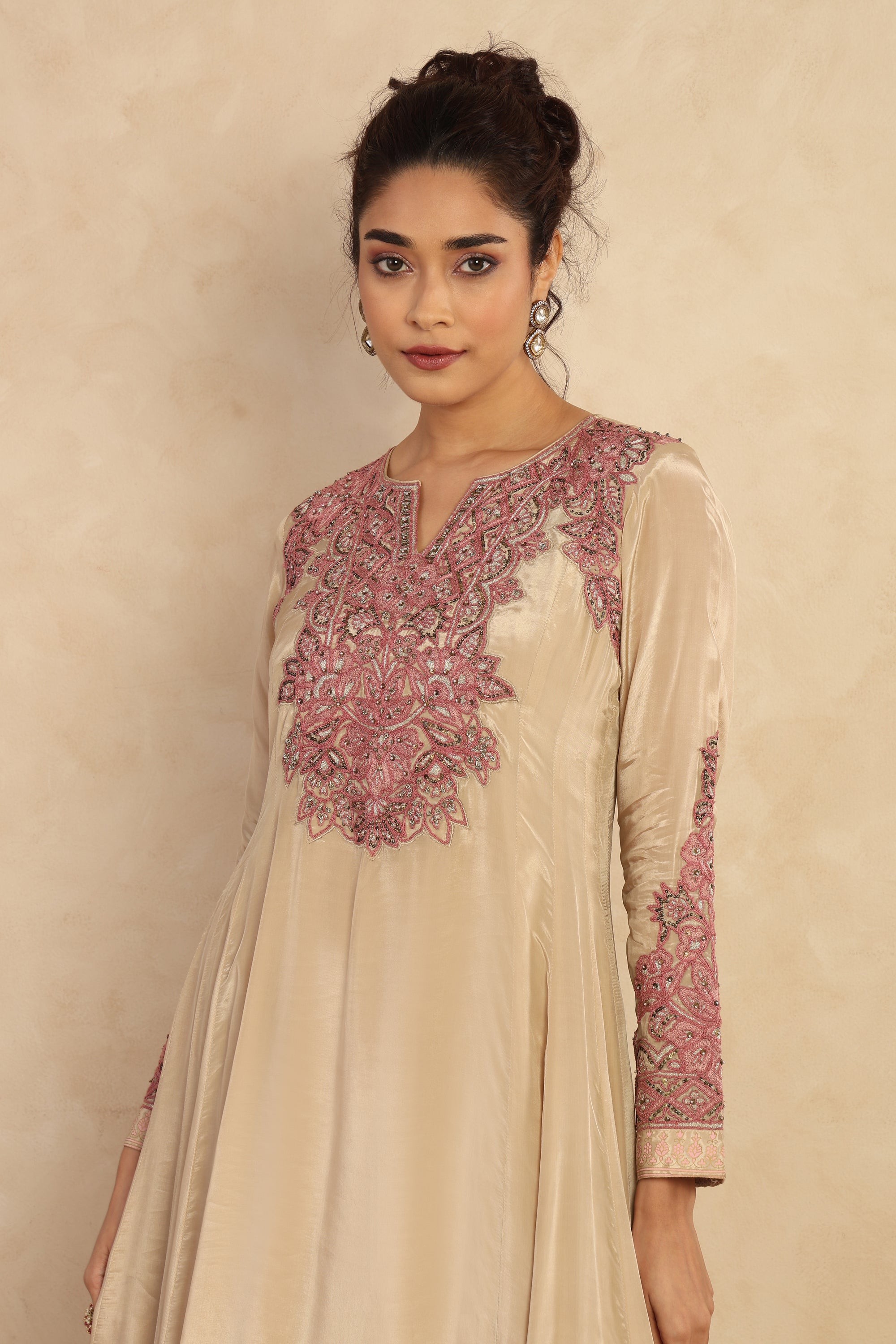 Champagne Embroidered Flared Kurta Set