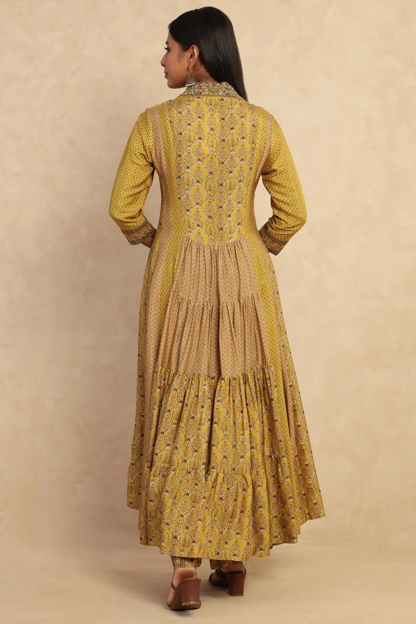 Mustard Printed Flared Kurta Set