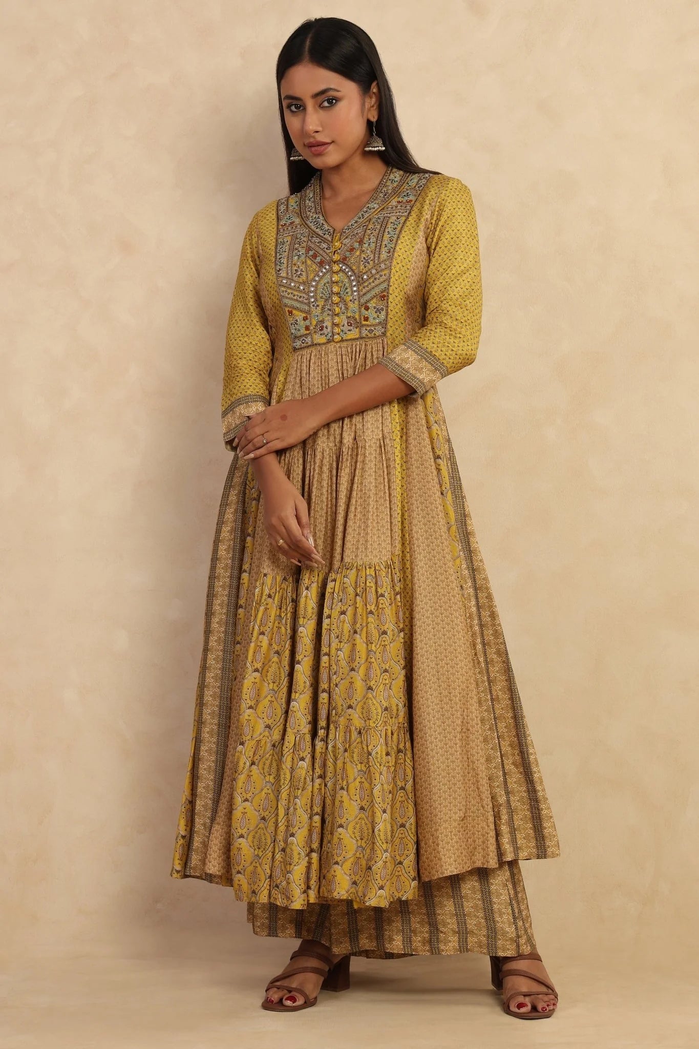Mustard Printed Flared Kurta Set