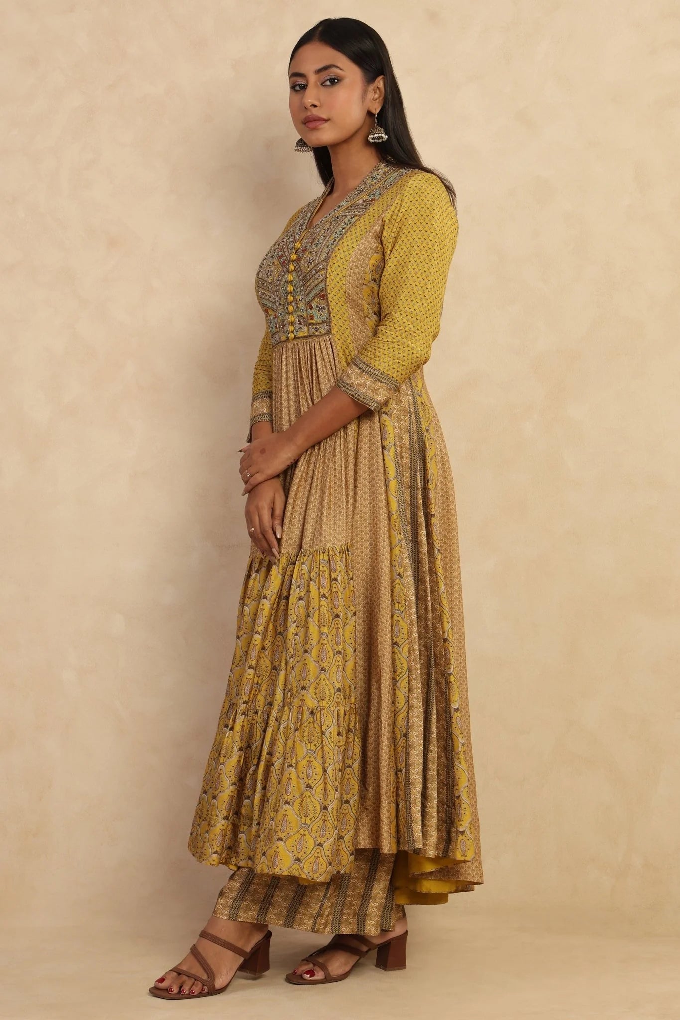 Mustard Printed Flared Kurta Set