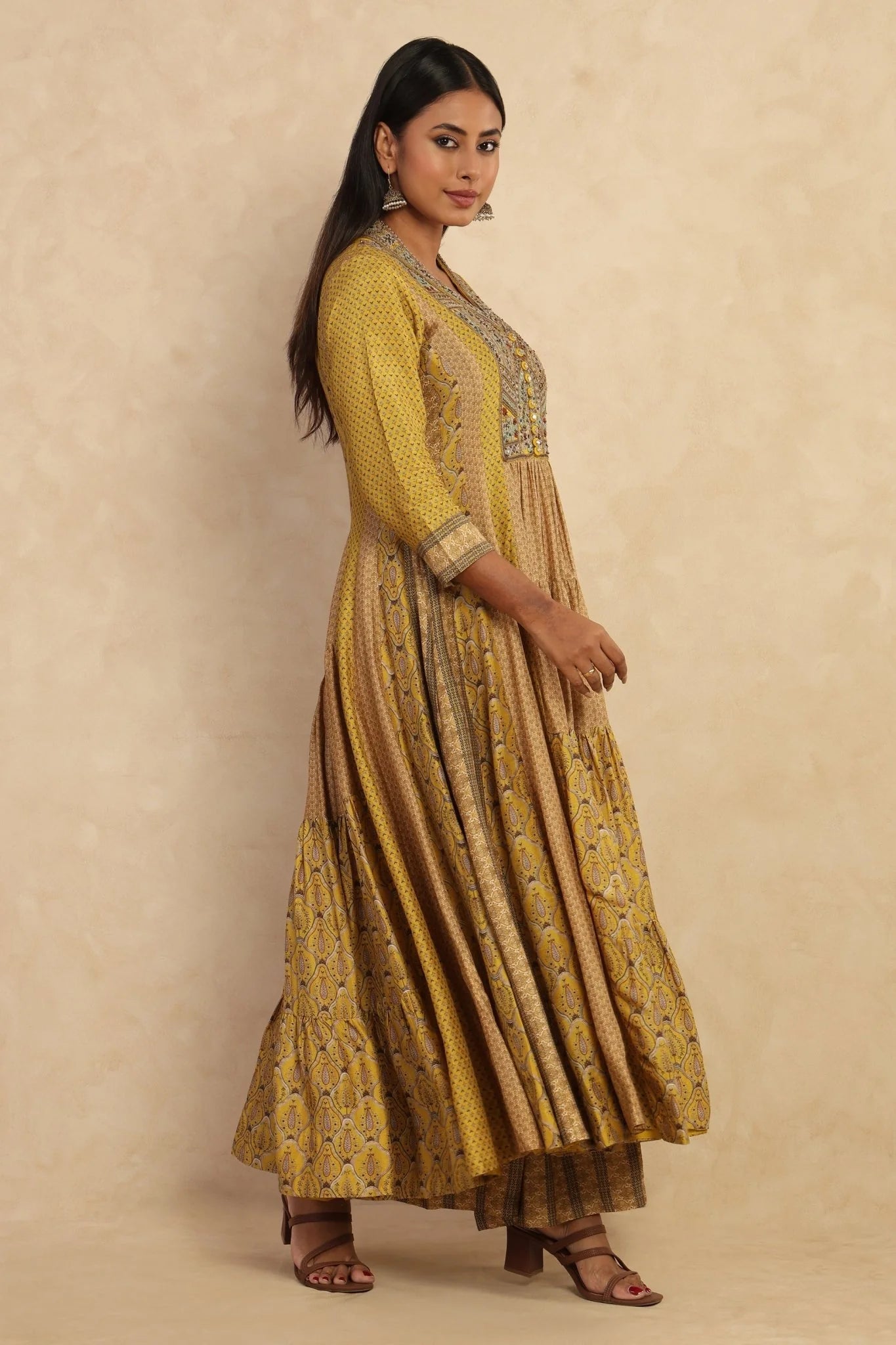 Mustard Printed Flared Kurta Set