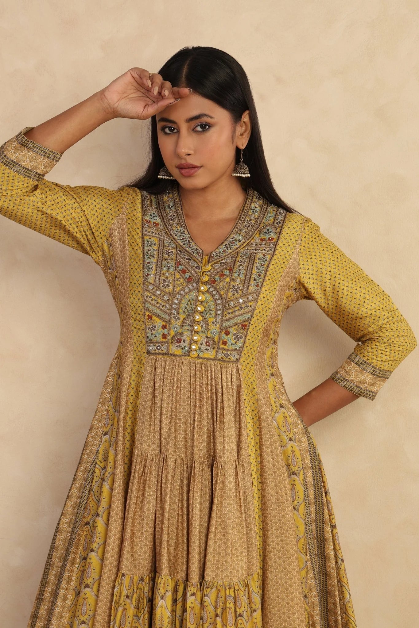 Mustard Printed Flared Kurta Set