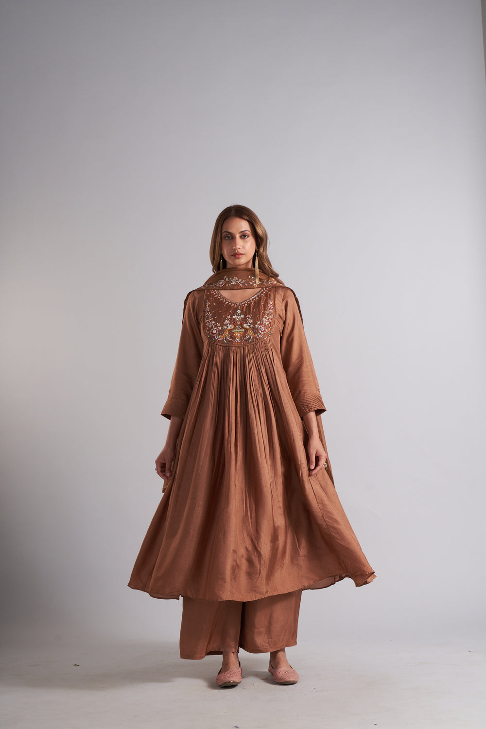 Brown Colour Anarkali Flared Kurta with Palazzo and Dupatta in Viscose Silk