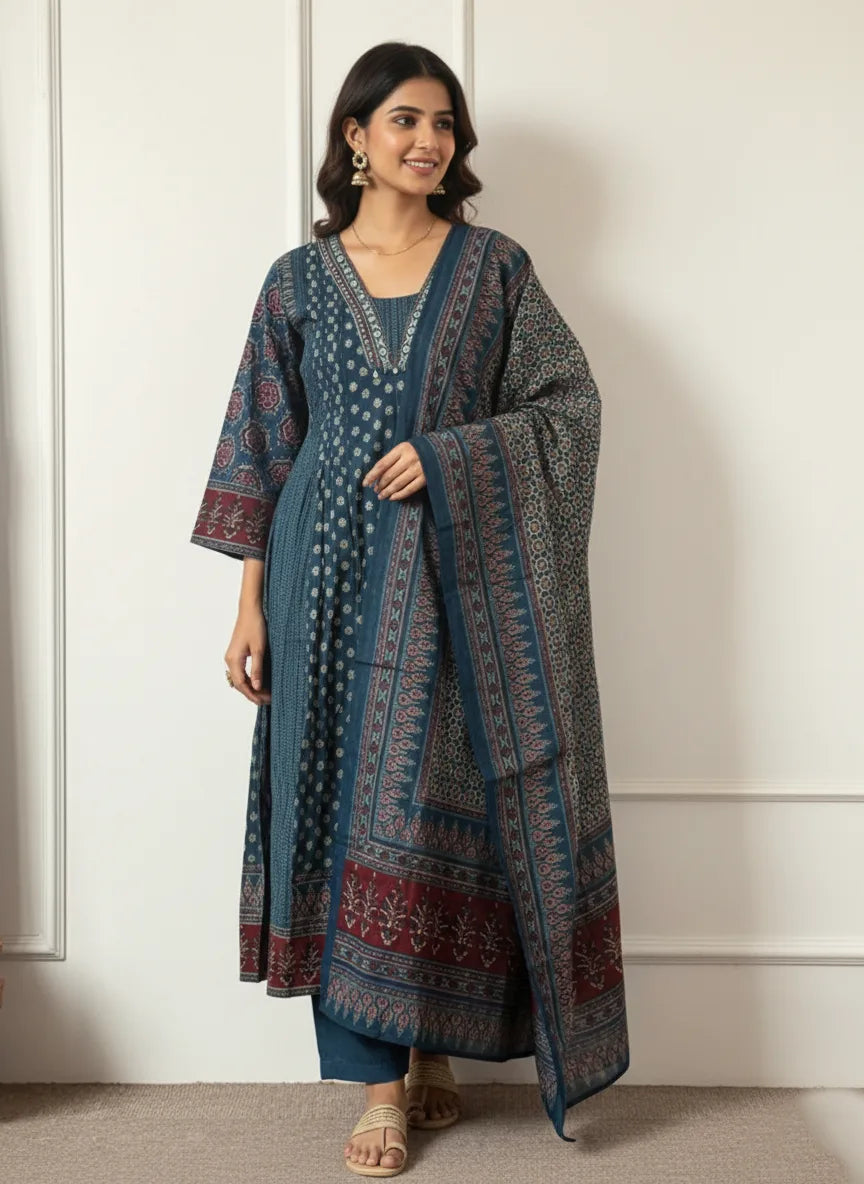 Elegant A-line kurta featuring traditional geometric patterns, paired with a coordinating printed dupatta and trousers.